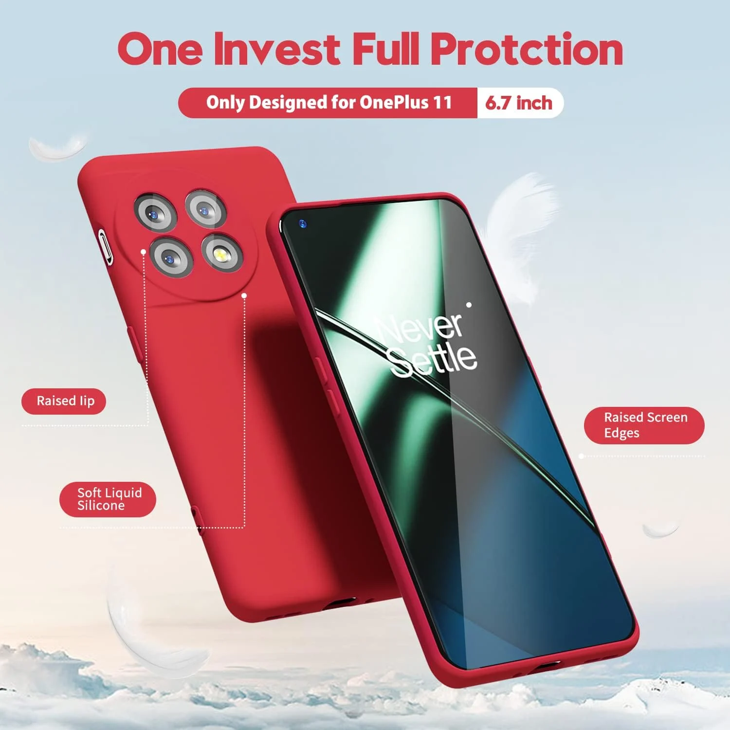 DL3 Mobilak Silicone Protective Case for OnePlus 11, Shock-absorbing protection, Built-in kickstand, Integrated ring holder - Red
