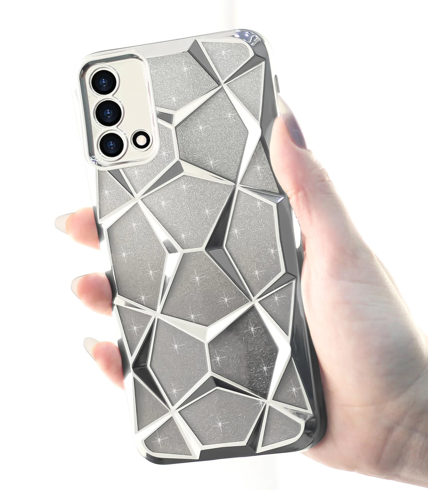 DL3 Mobilak Compatible with OPPO A74 4G / A95 4G Case Plating Bling Gradient Glitter Clear Cover Soft TPU Silicone Cute Camera Protection Shockproof Back for Women Girls Case - Silver