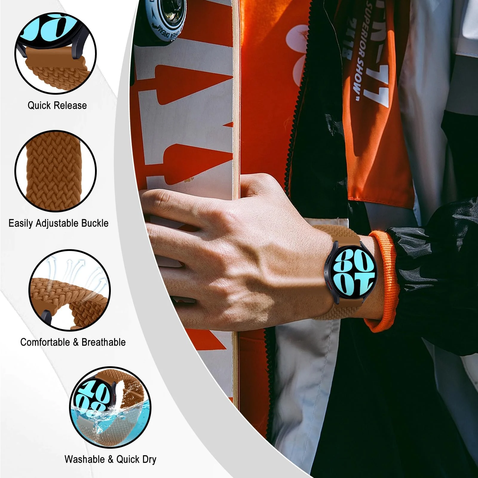 DL3 Mobilak Band 20MM Nylon Braided Solo Loop Strap For Samsung Gear Sport/Watch 6/5/4 40mm 44mm/Watch 6 Classic 43mm 47mm/ 5 Pro 45mm/active 2 40mm 44mm (Small) - Brown