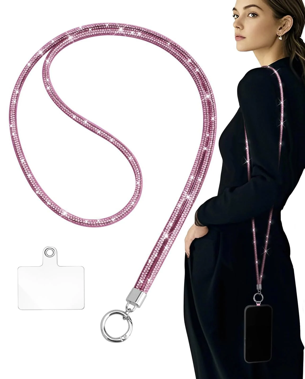 DL3 Mobilak Universal Phone Lanyard Crossbody, Rhinestone Cell Phone Chain Anti-Theft with 1× Shiny Phone Strap, 1× Pad for Most Smartphones, Diamond Phone Neck Holder for Women