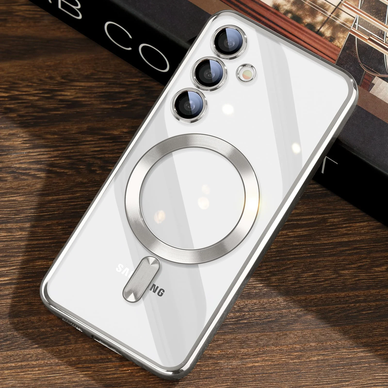 DL3 Mobilak For Samsung Galaxy A55 Magnetic Case, Compatible with MagSafe, Built-in Camera Lens Protector, Luxury Plating Soft TPU Clear Shockproof Slim Thin Cover - Silver