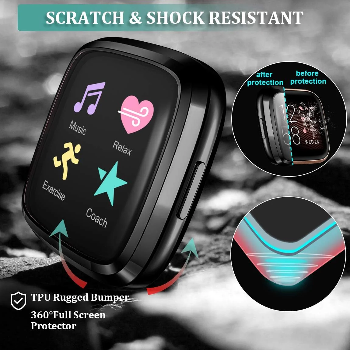 DL3 Mobilak Case Compatible with Fitbit Versa 2 Case All-Around with Built-in Screen Protector Watch Soft TPU Shockproof Cover Slim Guard Thin Bumper Shell Protector For Versa 2 - Black