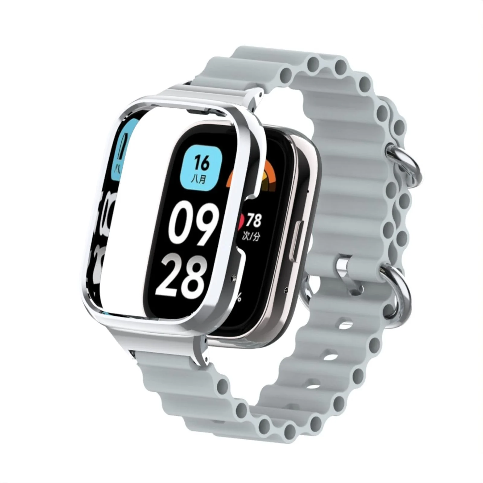 DL3 Mobilak Ocean Strap Compatible with Xiaomi Redmi Watch 3 Lite/Redmi Watch 3 Active, Adjustable Silicone Strap with Metal Buckle, Band With Frame Metal Women Men Replacement Strap - Gray
