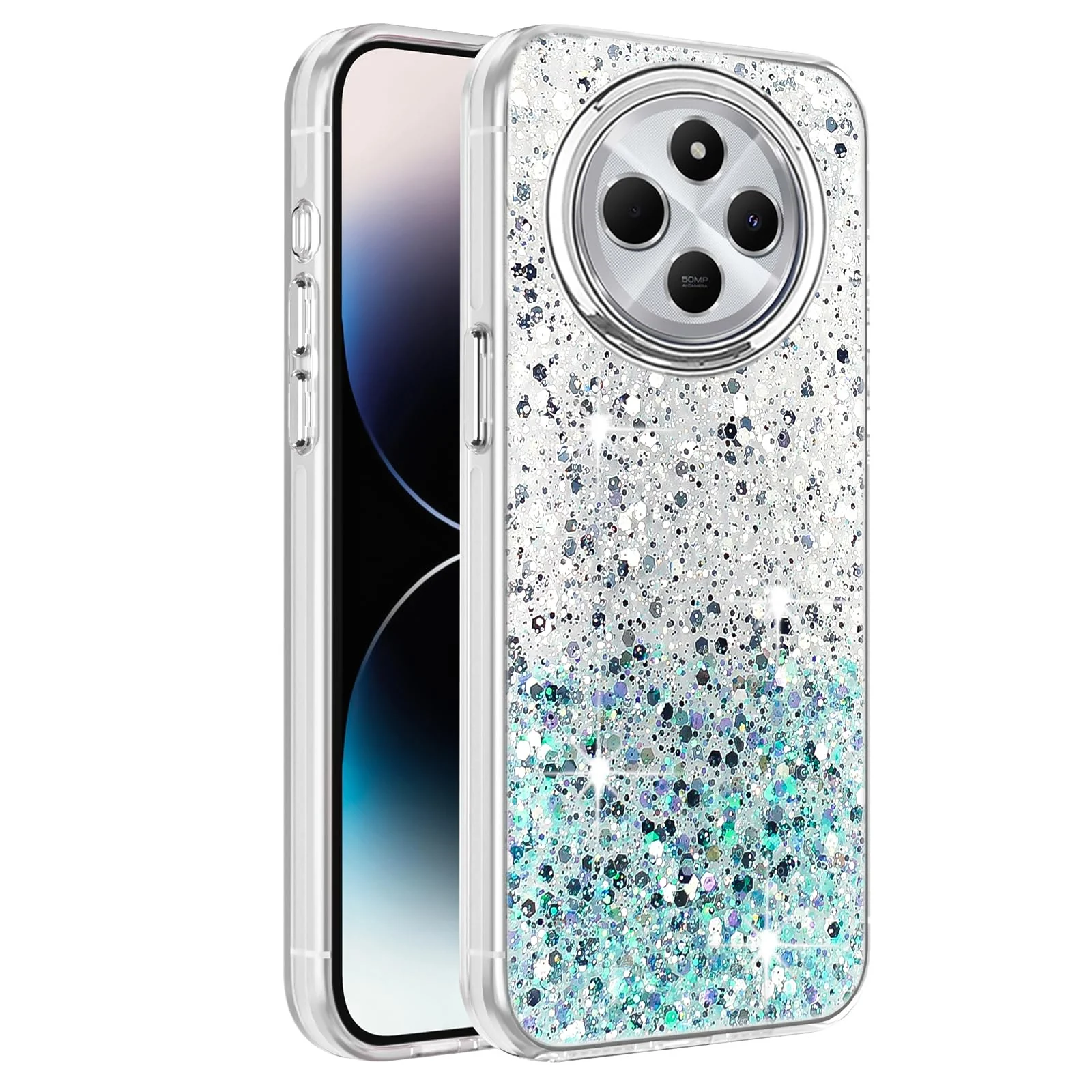 DL3 Mobilak Compatible with Xiaomi Redmi 14C 4G/Poco C75 Case, Clear Glitter Bling Sparkly, Soft TPU Frame Bumper, Hard-Back Cover for Women & Girls, Transparent Protective Phone Case - White Green