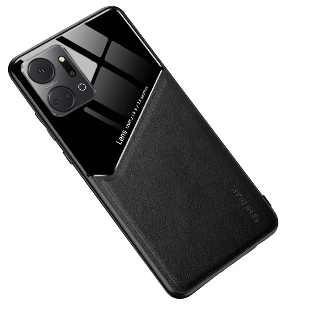 DL3 Mobilak Leather and PC Protective Case for Honor X7a / Honor Play 7T, Built-in magnetic car-mount support, Shock-absorbing protection, Raised edges around the screen and camera - Black