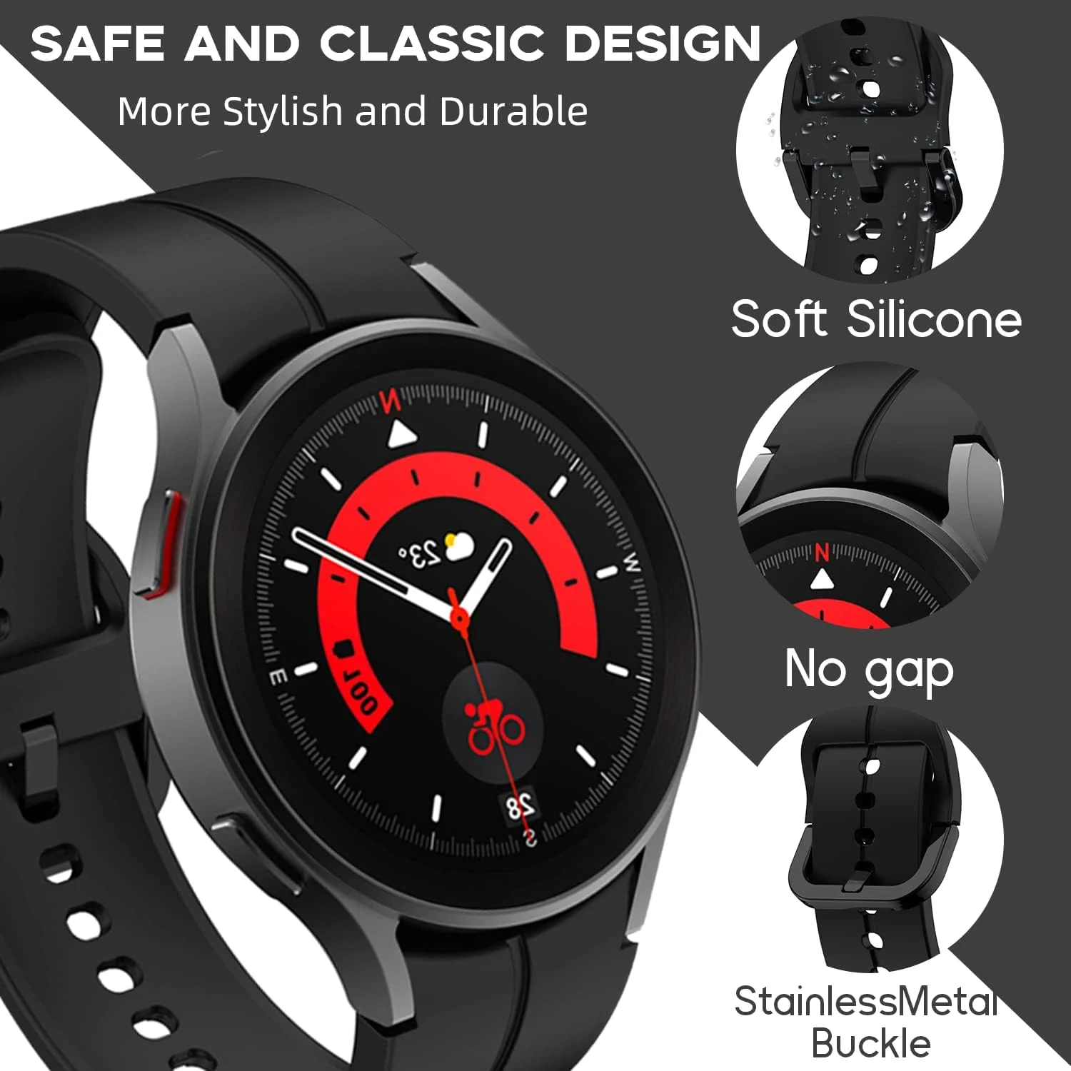 DL3 Mobilak Sport Watch Band Compatible with Samsung Galaxy Watch 7 FE 6 5 4 Band 40mm 44mm/ Galaxy Watch 6 Classic Bands 43mm 47mm/Watch 5 Pro Band 45mm/ Galaxy Watch4 Classic Band 42mm 46mm, No Gap - Black