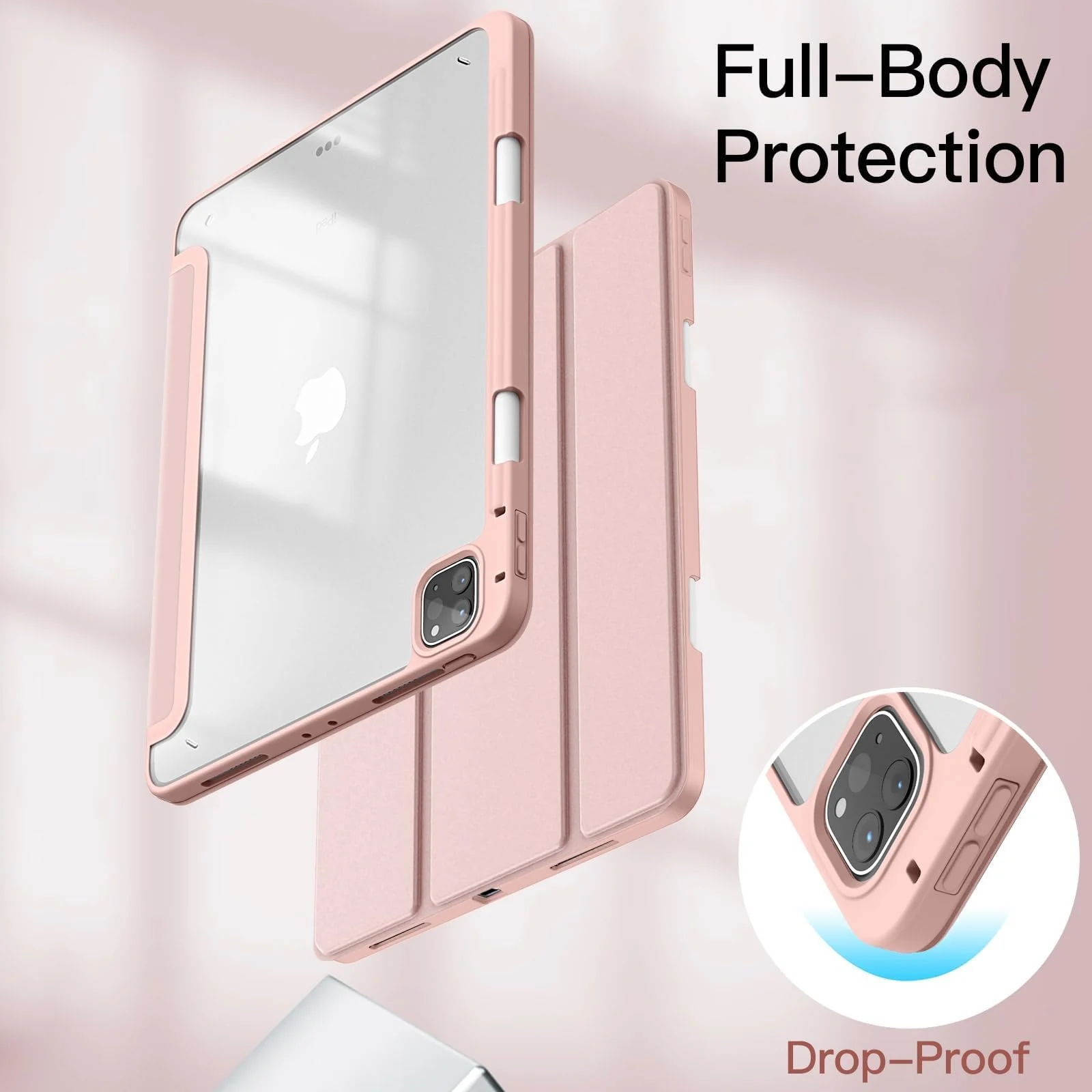 DL3 Mobilak for iPad Pro 12.9 Case 6th/5th/4th/3rd Generation 2022/2021/2020/2018, Clear Shockproof Back Cover Built-in Pencil Holder, Auto Sleep/Wake - Pink