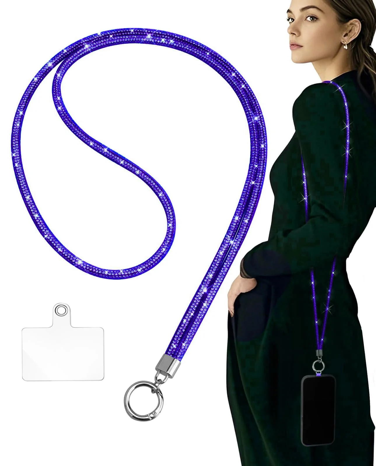 DL3 Mobilak Universal Phone Lanyard Crossbody, Rhinestone Cell Phone Chain Anti-Theft with 1× Shiny Phone Strap, 1× Pad for Most Smartphones, Diamond Phone Neck Holder for Women - Royal Blue