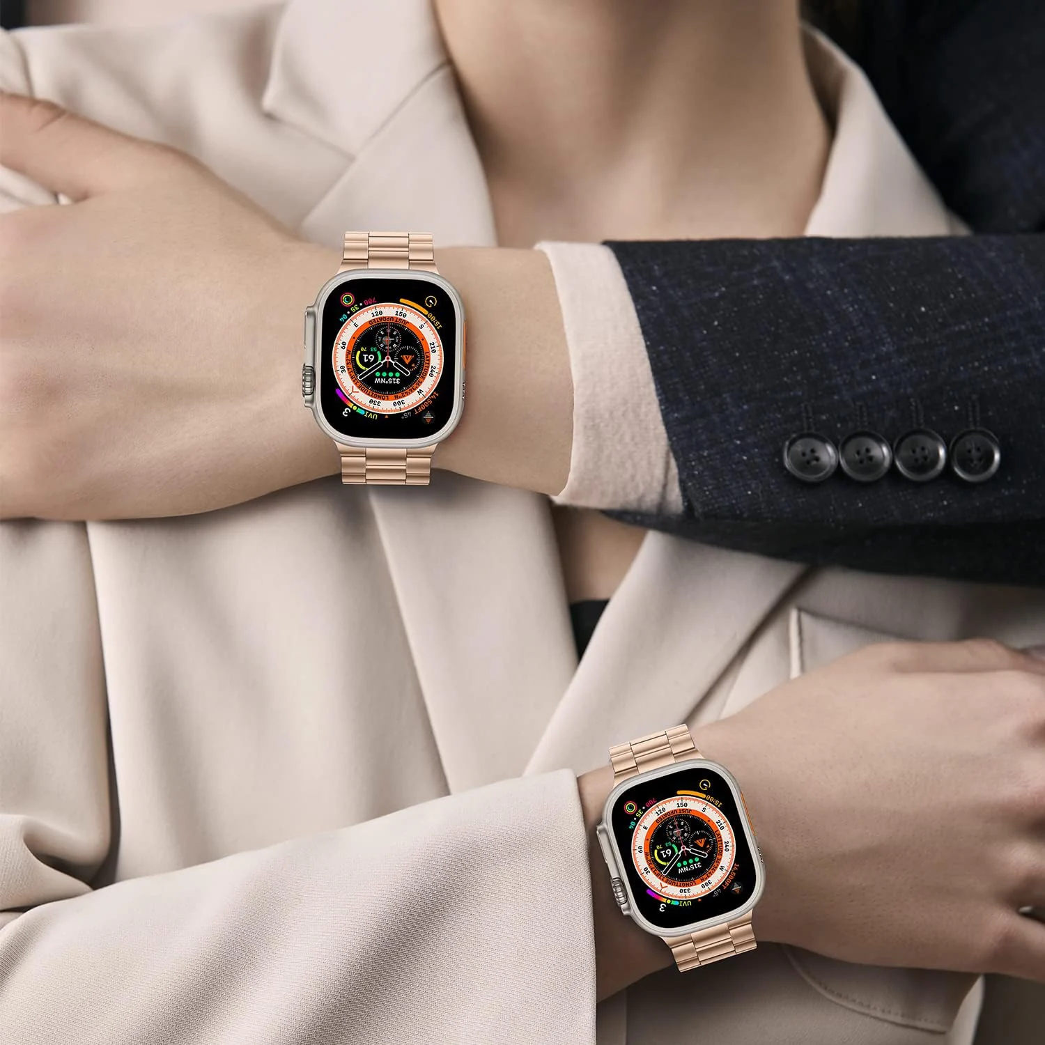 DL3 Mobilak Stainless Steel Band with Case Compatible with Apple Watch Ultra 49mm, Men Woman Business Metal Strap with Protective Bumper Cover for Apple Watch Ultra 2 Ultra 49mm - Rose Gold