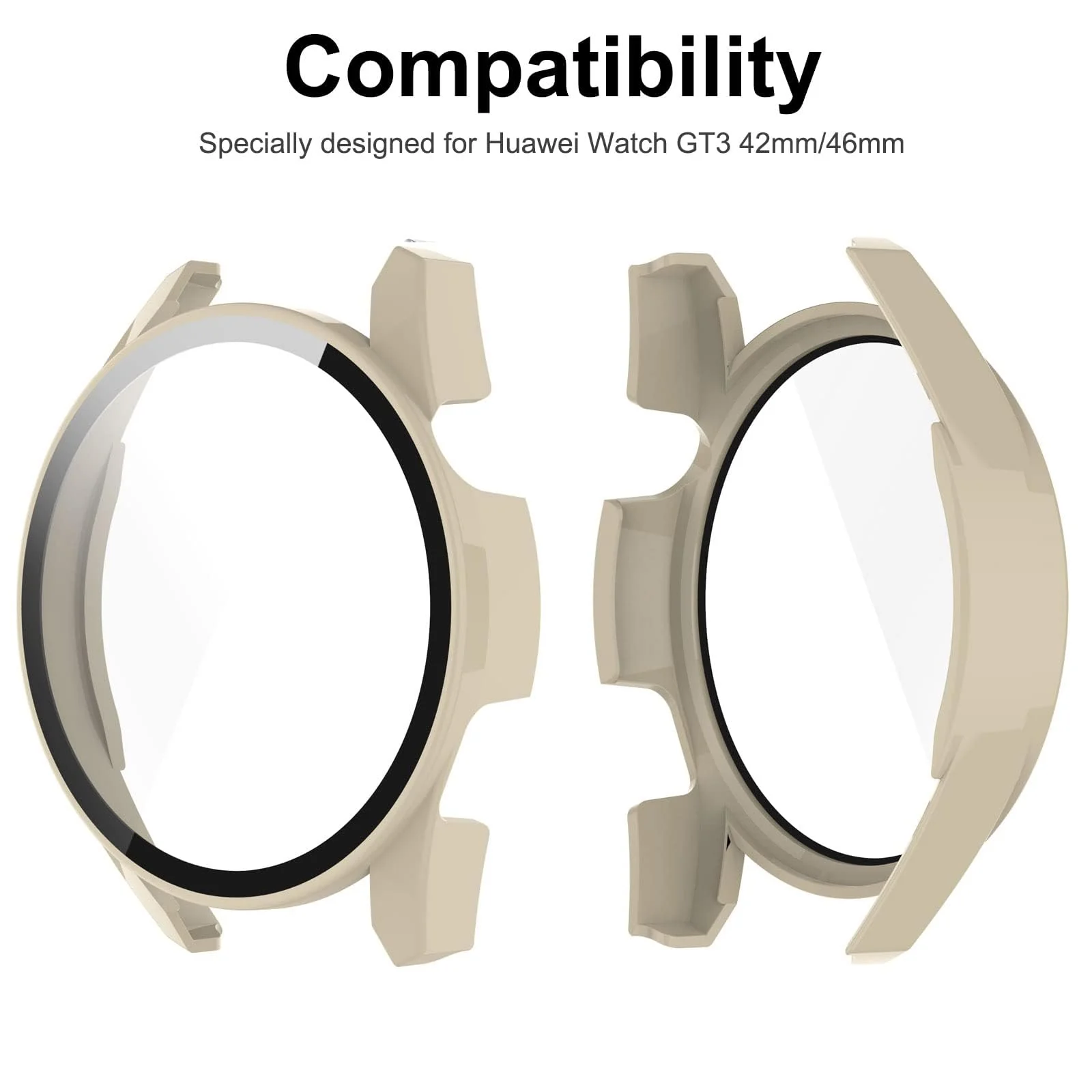 DL3 Mobilak Protective Case Compatible with Huawei Watch GT3 46mm 9H Hardness PC Case Bumper Full Slim Protective Cover with Tempered Glass For Huawei Watch GT 3 46mm - Ivory White