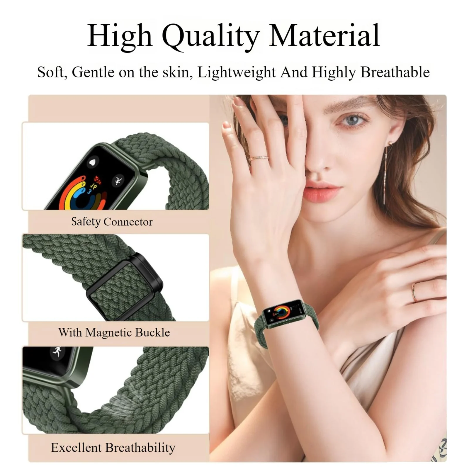 DL3 Mobilak Braided Strap for Huawei Band 9/Huawei Band 8 for Men Women, Adjustable Nylon Sport Elastic Loop Band with Magnetic Clasp for Huawei Band 9/Huawei Band 8 Smartband - Green