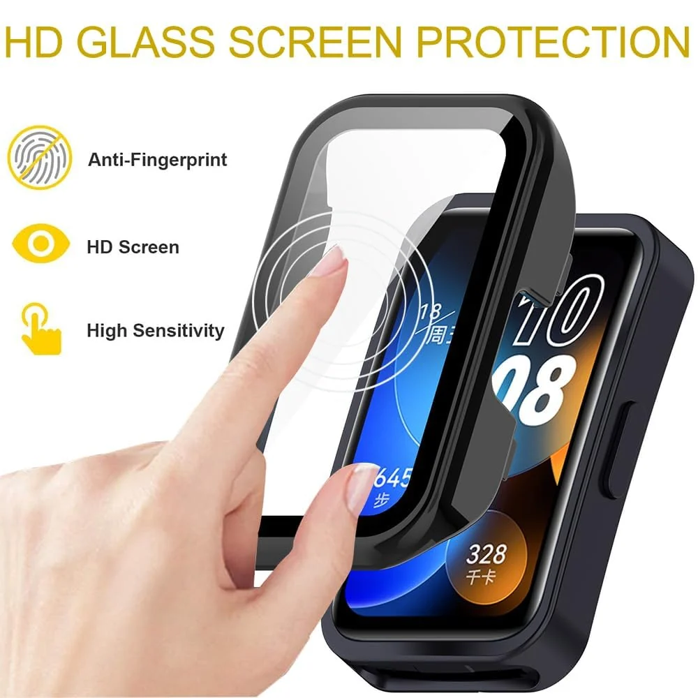 DL3 MOBILAK Protective Case Compatible with Huawei Band 9/8 9H Hardness PC Case Bumper Full Slim Protective Cover with Tempered Glass For HUAWEI Band 8/9 - Black