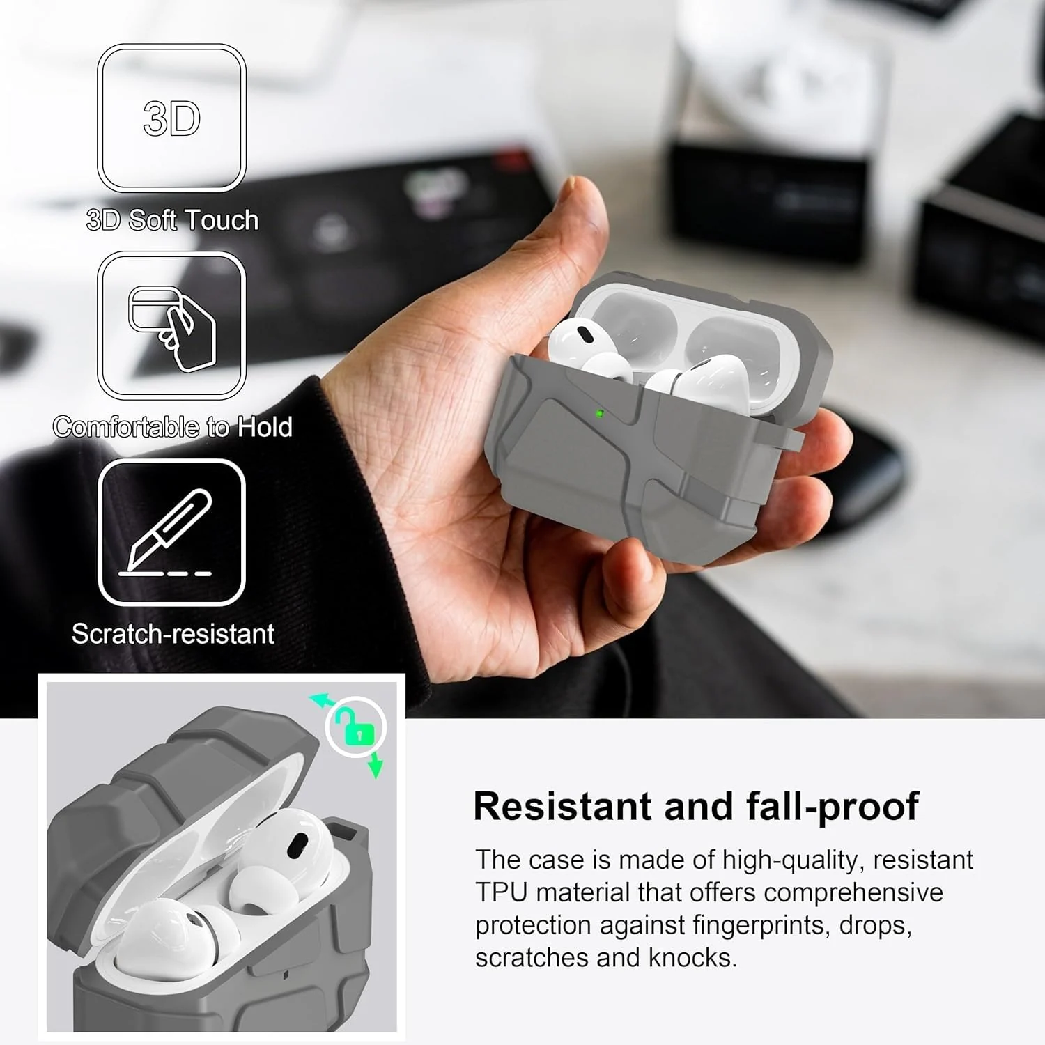 DL3 Mobilak AirPods Pro 1/2 Case, Shockproof Silicone Protective Case for Apple AirPod Pro 2nd/1st Generation, Hard Shell Design, Anti-Scratch, Front LED Light with Carabiner - Gray