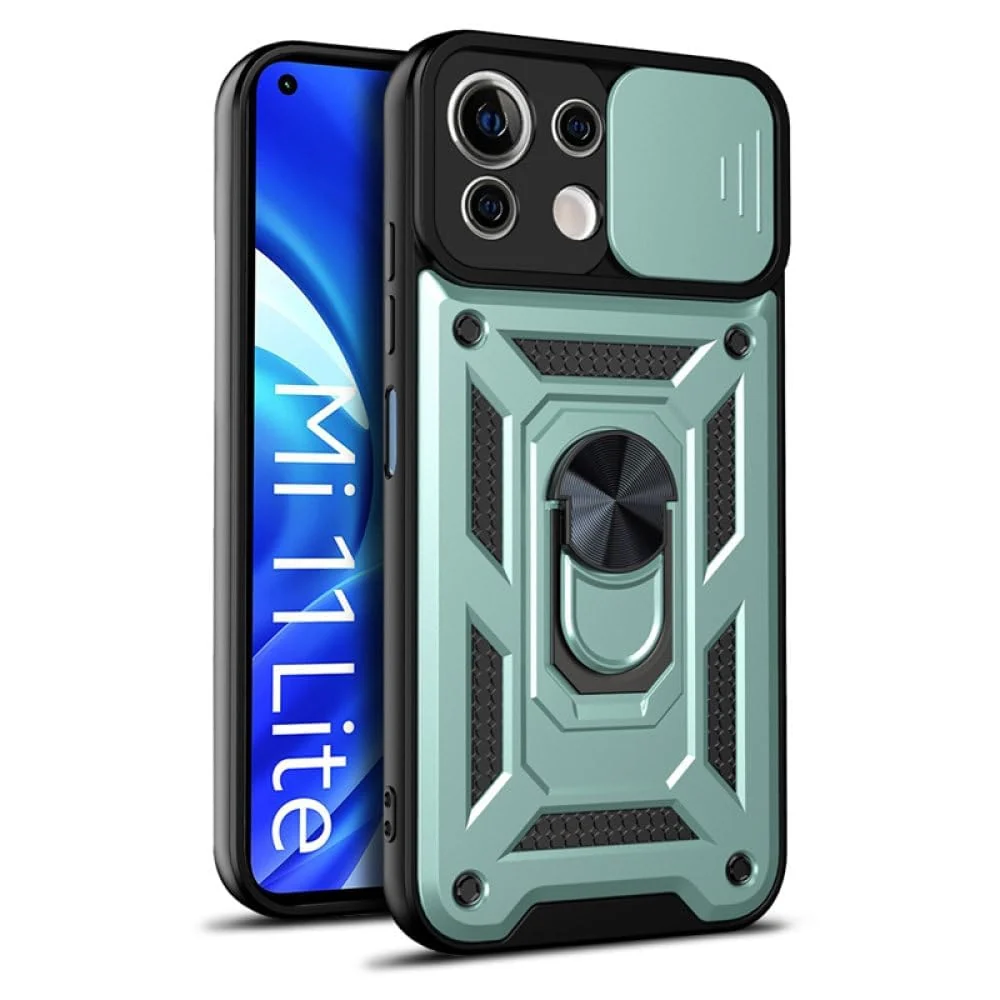 DL3 Mobilak Protective Case with Sliding Camera Cover, Metal Ring Kickstand and Magnetic Car-Mount Support for Xiaomi Mi 11 Lite 4G / 5G & Mi11 Lite 5G NE - Green