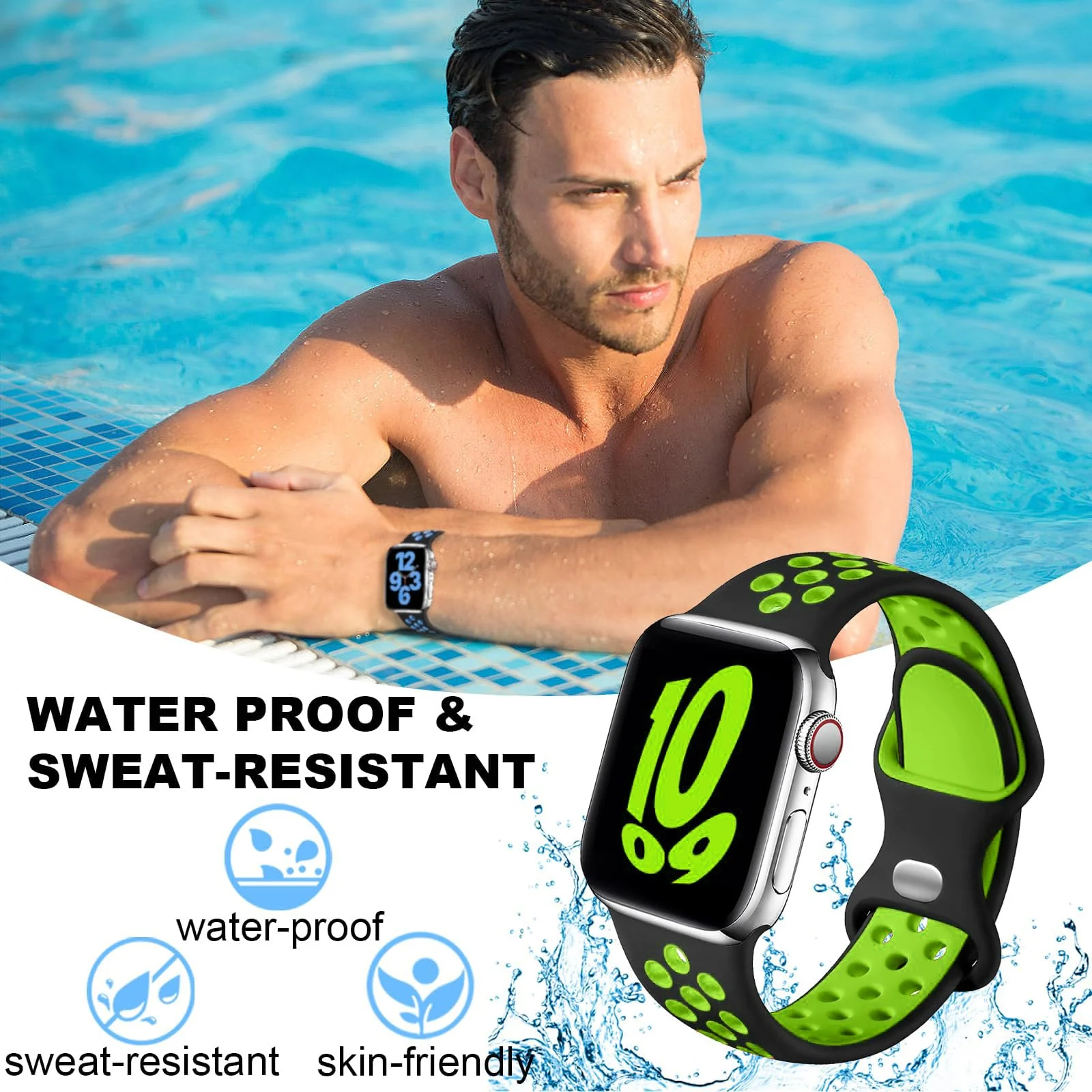 DL3 Mobilak Sport Strap For Apple Watch 49mm 45mm 44mm 42mm 41mm 40mm 38mm, Breathable Silicone Double Hole Band, for iWatch Ultra 2 Series 9 8 7 6 5 4 3 SE (&, 38mm/40mm/41mm) - Black & Green