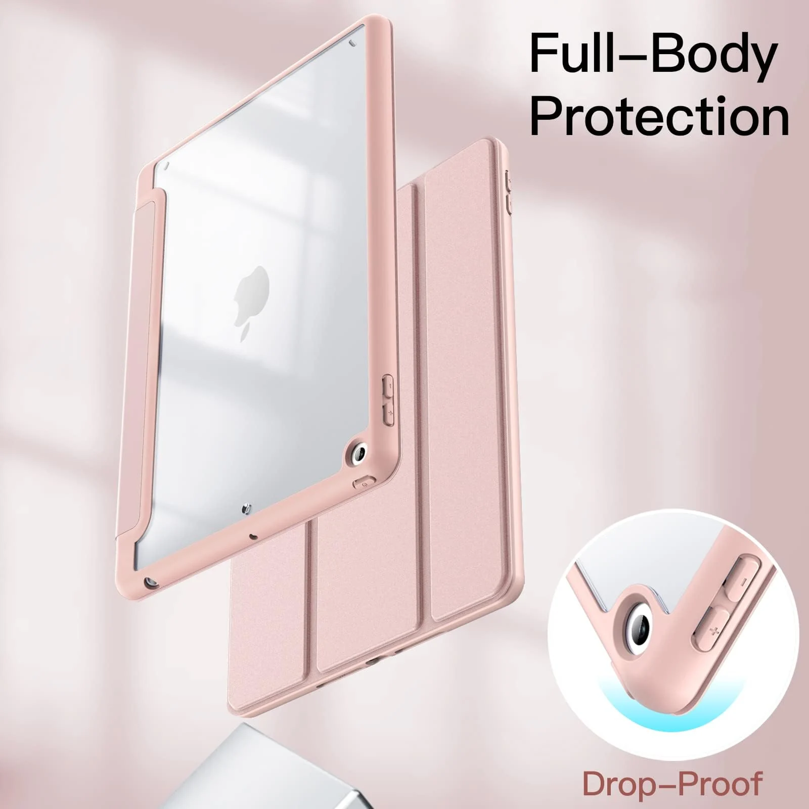 DL3 Mobilak Case for iPad 10.2-Inch (9th/8th/7th Generation, 2021/2020/2019), Clear Shockproof Back Cover Built-in Pencil Holder, Auto Sleep/Wake - Pink