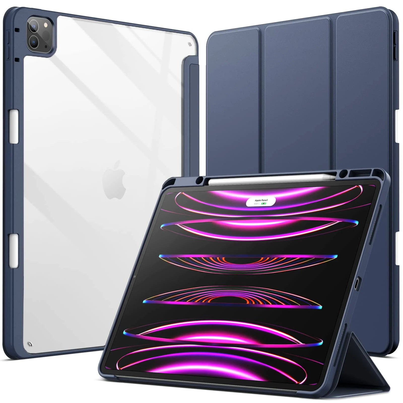 DL3 Mobilak for iPad Pro 12.9 Case 6th/5th/4th/3rd Generation 2022/2021/2020/2018, Clear Shockproof Back Cover Built-in Pencil Holder, Auto Sleep/Wake - Dark Blue