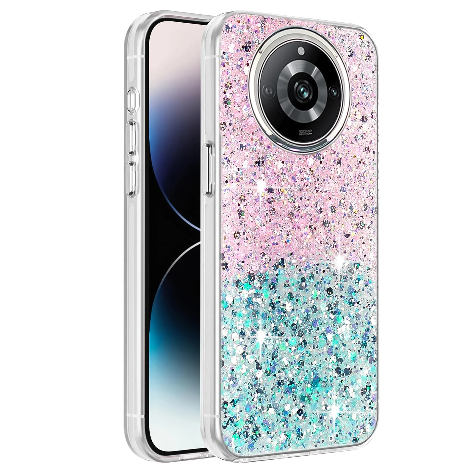 DL3 Mobilak Glitter Protective Case for realme 11 Pro 5G / realme 11 Pro + Plus 5G, Supports wireless charging, Camera protection, Shock-absorbing protection - Pink Green