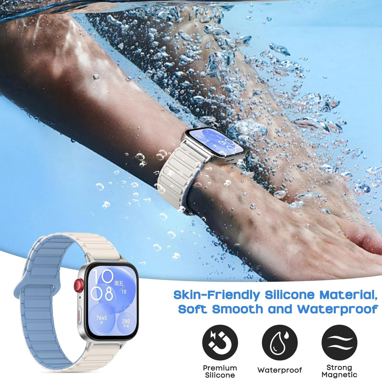 DL3 Mobilak Magnetic Strap for Huawei Watch Fit 4 Pro/Fit4/Fit 3 Replacement Straps Strong Silicone, Easy to Wear, Waterproof, Sporty, Daily Wear Watchbands for Men and Women - Starlight | Light Blue