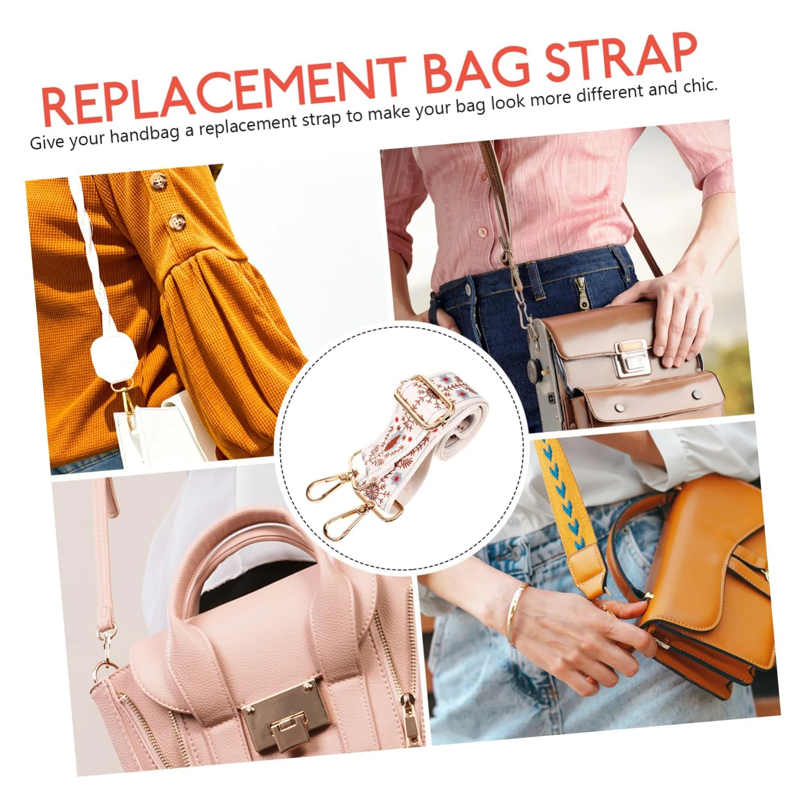DL3 Mobilak Adjustable Wide Crossbody Bag Strap for Women, Replacement Shoulder Strap for Handbags, Totes & Purses with Elegant Embroidered Pattern and Metal Hooks - Beige/Brown
