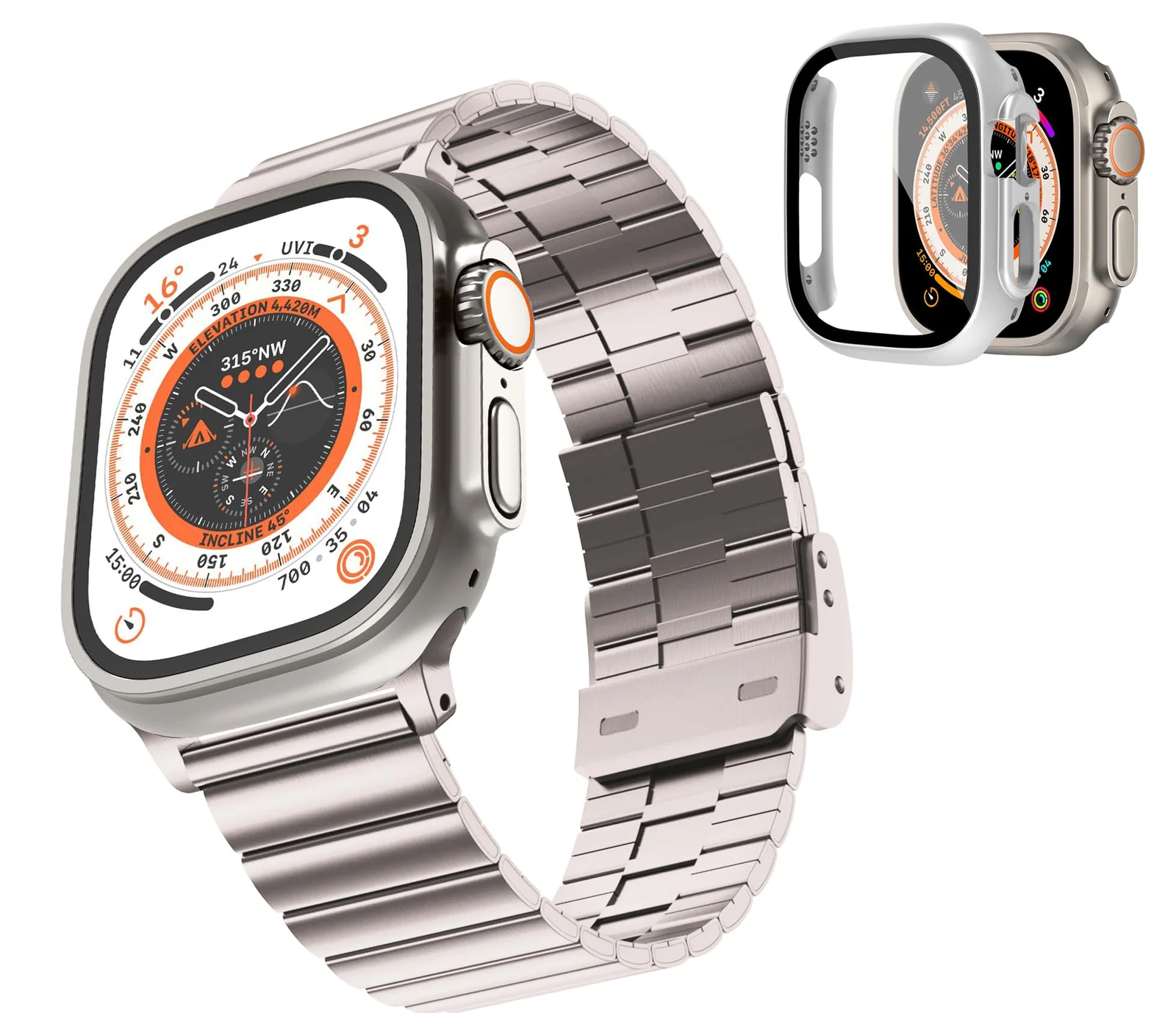 DL3 Mobilak Case with Strap For Apple Watch Ultra 2 49mm Stainless Steel Metal Straps, Hard PC Case With Glass Screen Protector Cover with Strap Bands for Apple Watch Ultra 49mm - StarLight