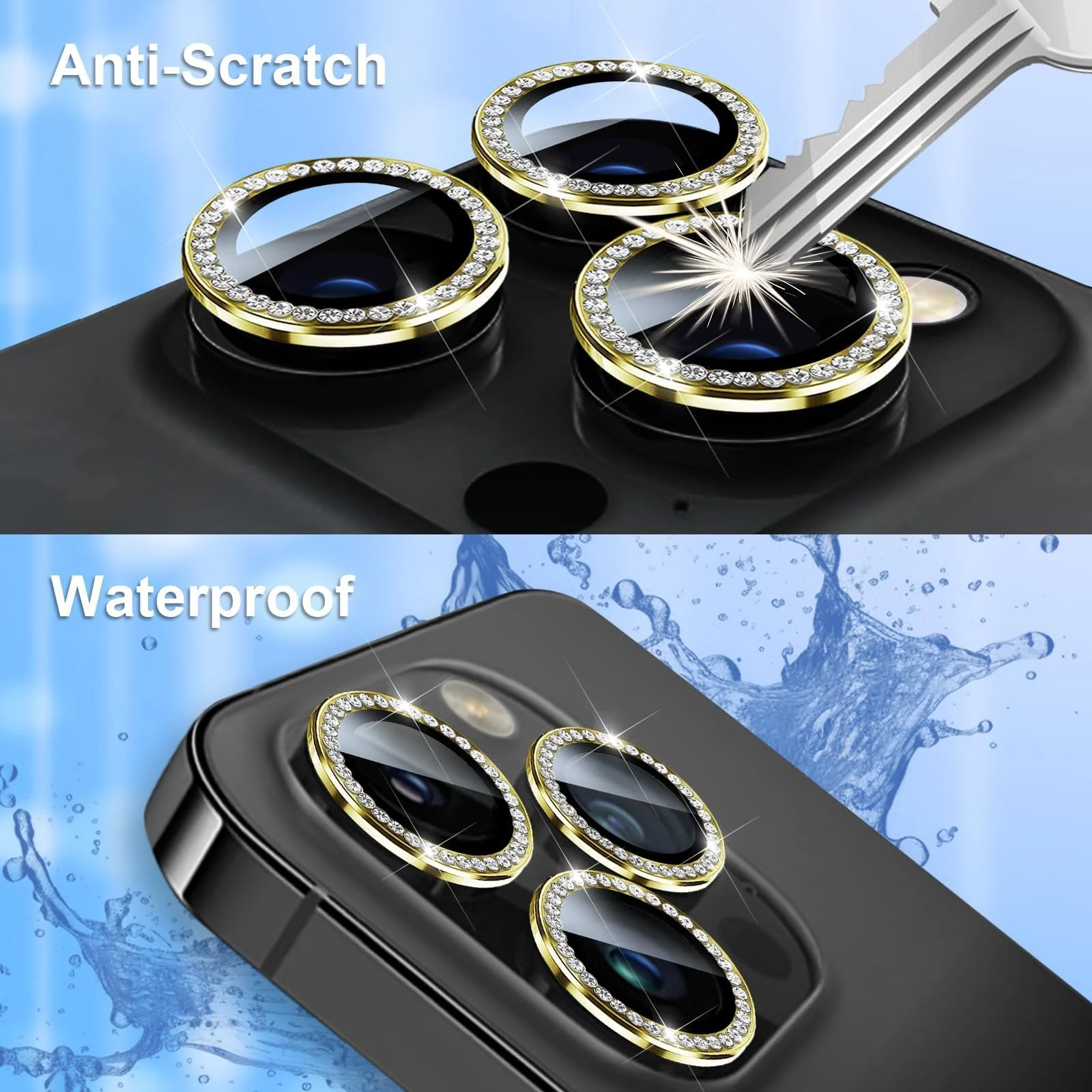 DL3 Mobilak Camera Lens Protector For iPhone 15 Pro/iPhone 15 Pro Max, [Keep Original Shooting] Tempered Glass Screen Protector Metal Individual Camera Cover, Case Friendly - Diamond Gold