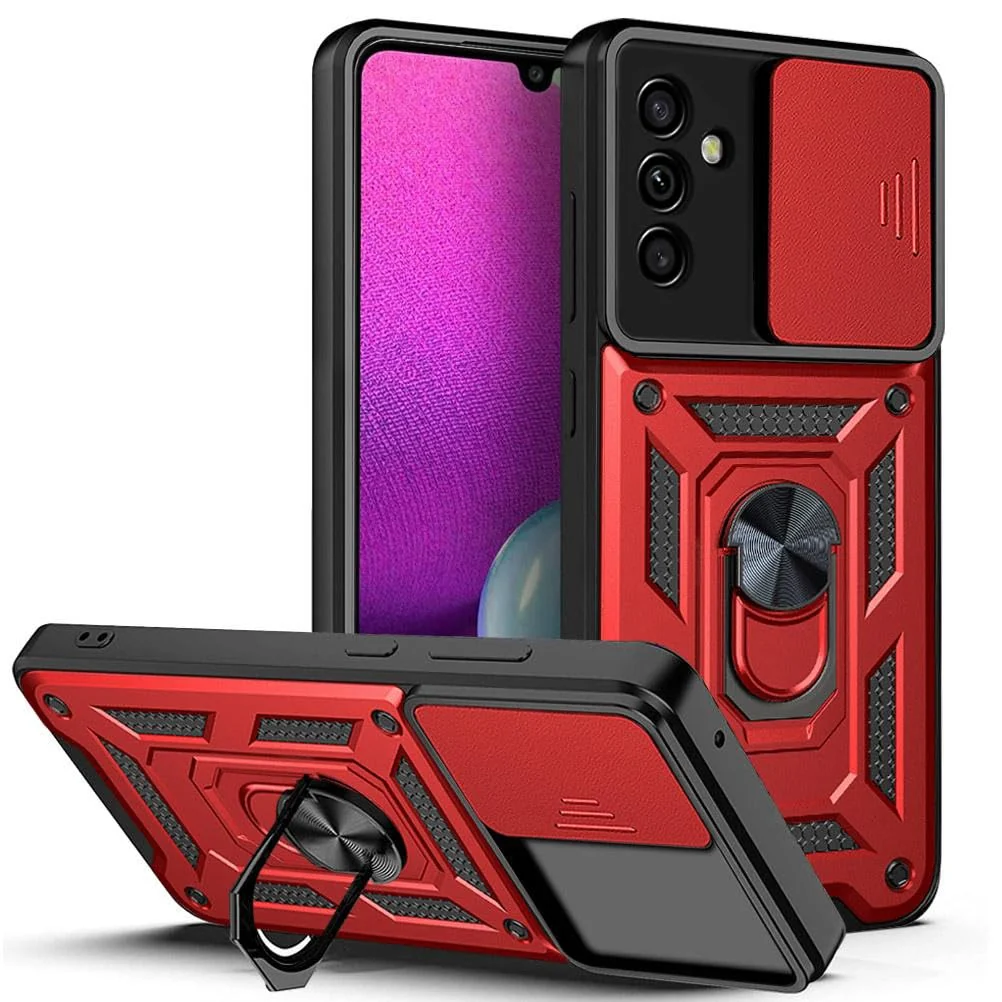 DL3 Mobilak Military-Grade Protective Case with Sliding Camera Cover, Metal Ring Kickstand and Magnetic Car-Mount Support for Samsung Galaxy A13 5G / Galaxy A04S - Red