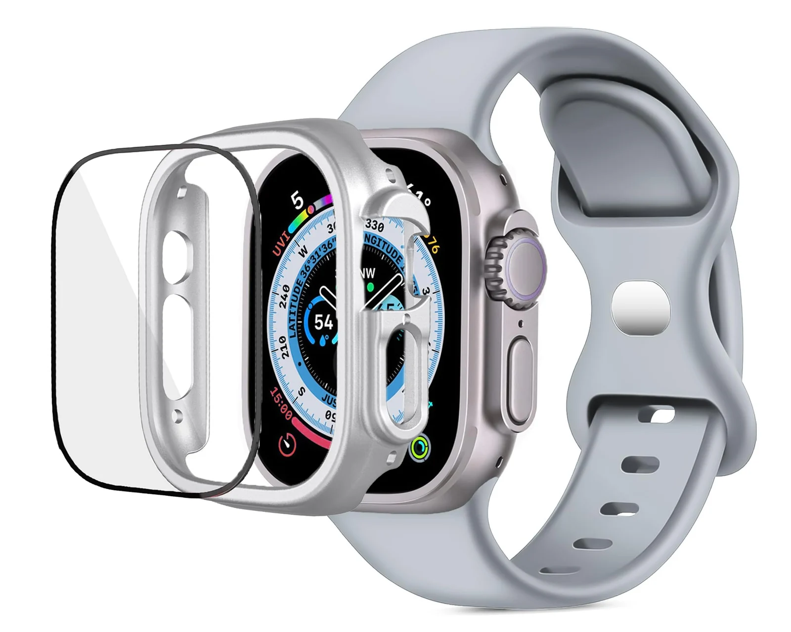 DL3 Mobilak Band with Case For Apple Watch Ultra/Ultra 2 49mm, Adjustable Silicone Sport Wristband Replacement, Strap With Cover Built-in Glass Screen Protector for iWatch Ultra 49 mm - A.Grey