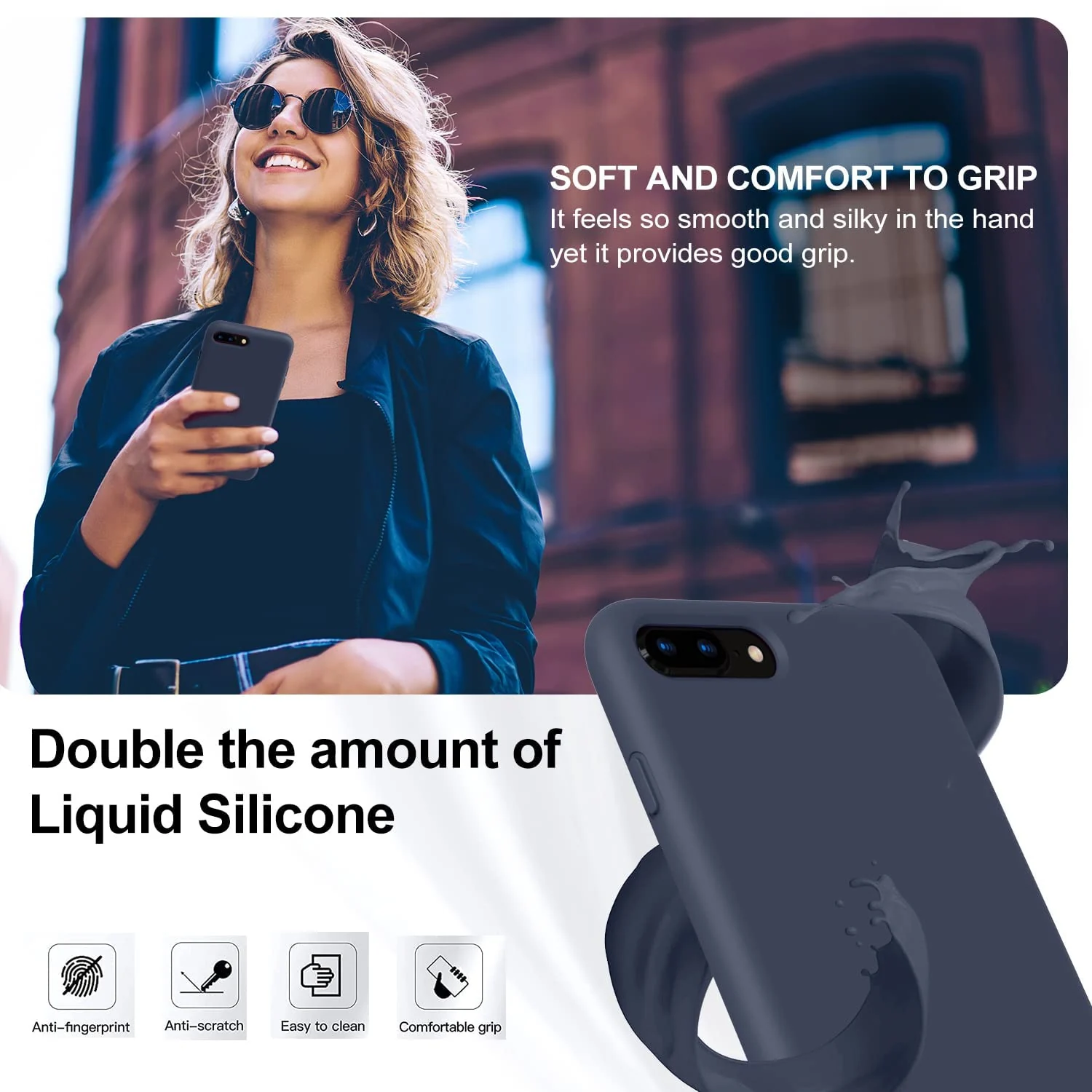 DL3 Mobilak Liquid Silicone Protective Case with Soft Microfiber Lining for iPhone 7 Plus / iPhone 8 Plus - Midnight Blue
