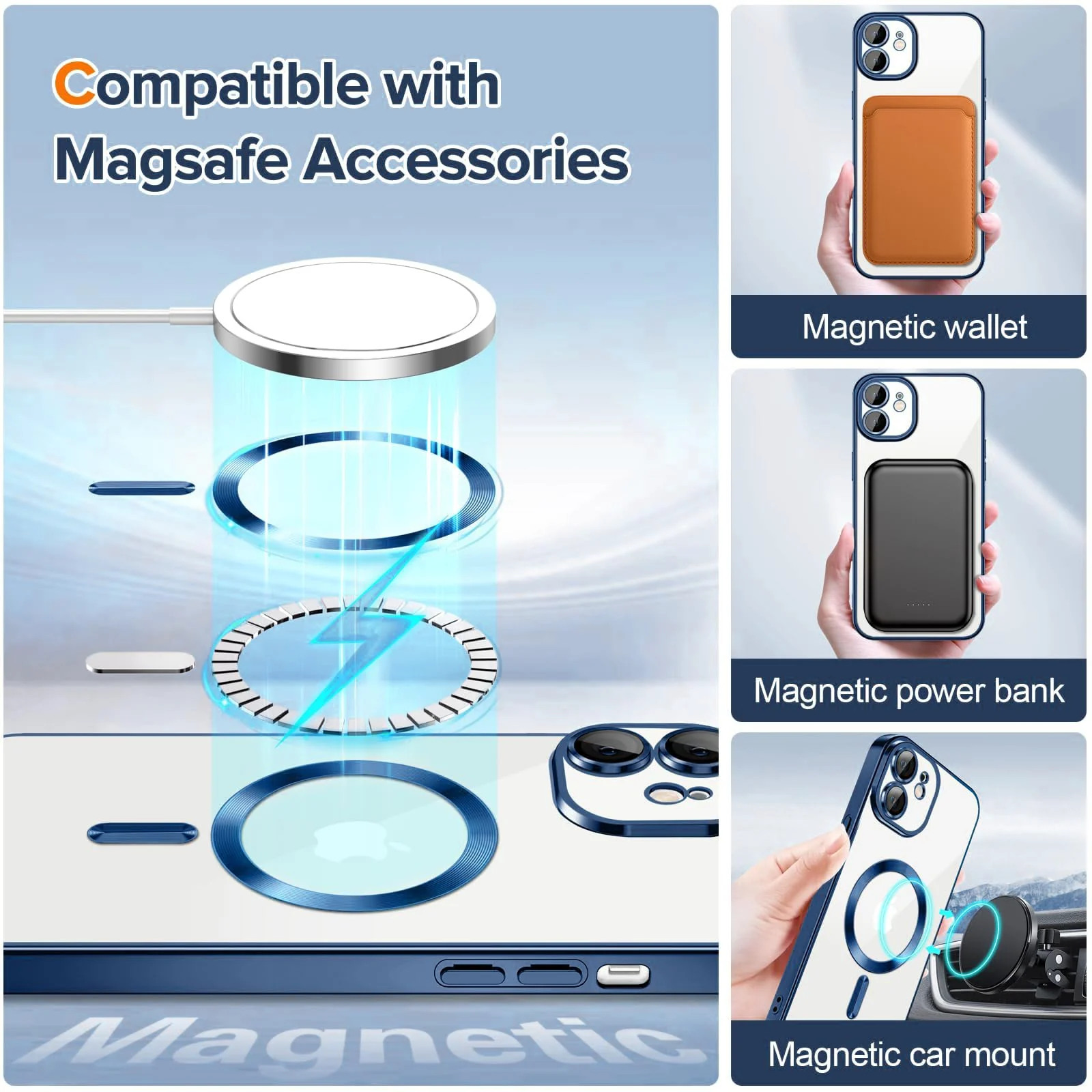 DL3 Mobilak Plated-Edge Protective Case for iPhone 12, Compatible with MagSafe accessories, Built-in magnetic car-mount support, Camera protection - Dark Blue