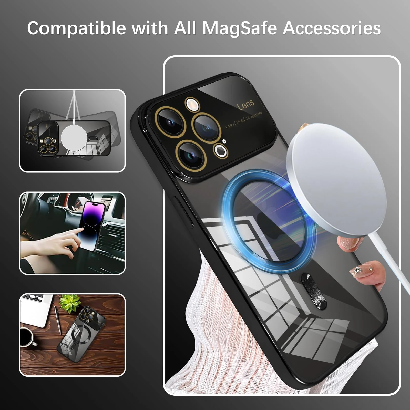 DL3 Mobilak Clear MagSafe-Compatible Magnetic Case for iPhone 14 Pro 6.1 Inch with Camera Protection and Shockproof Design - Black