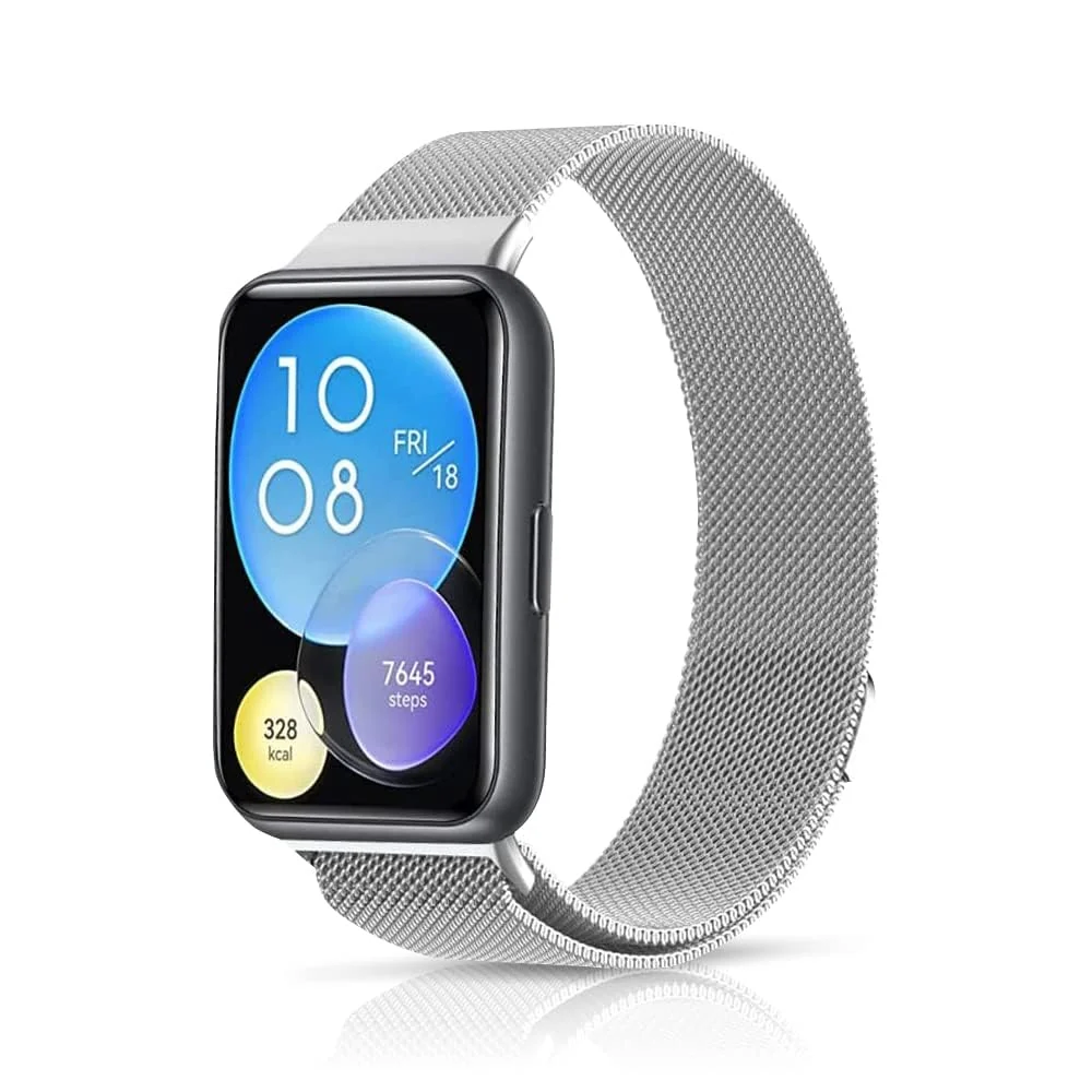 Dl3 Mobilak Stainless Steel Mesh Metal Watch Strap Compatible with Huawei Watch Fit 2, Magnetic Adjustable Replacement Strap, Silver, 140MM - 220MM