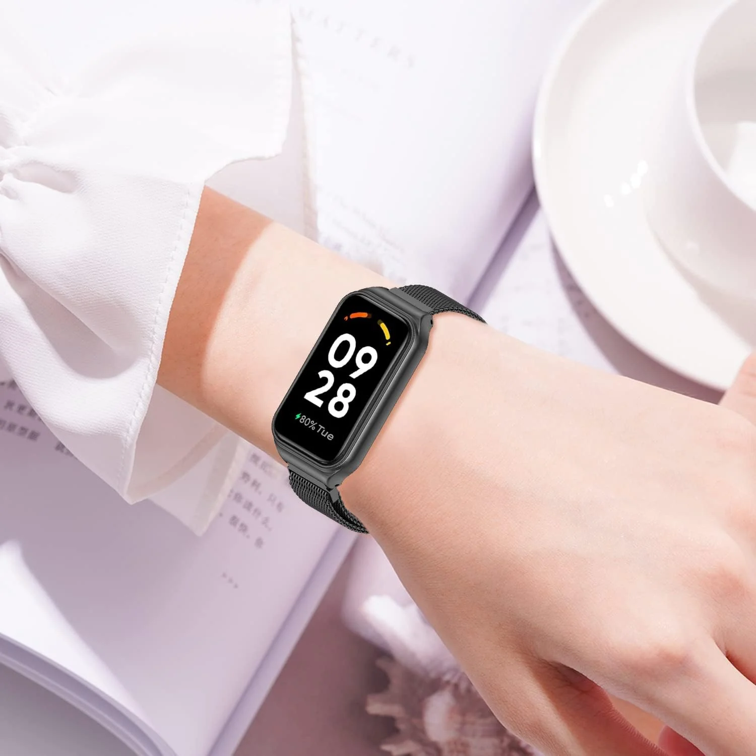 DL3 Mobilak Bracelet Compatible with Xiaomi Redmi Band 2/Smart Band 8 Active, Stainless Metal Magnetic Replacement Strap - Black