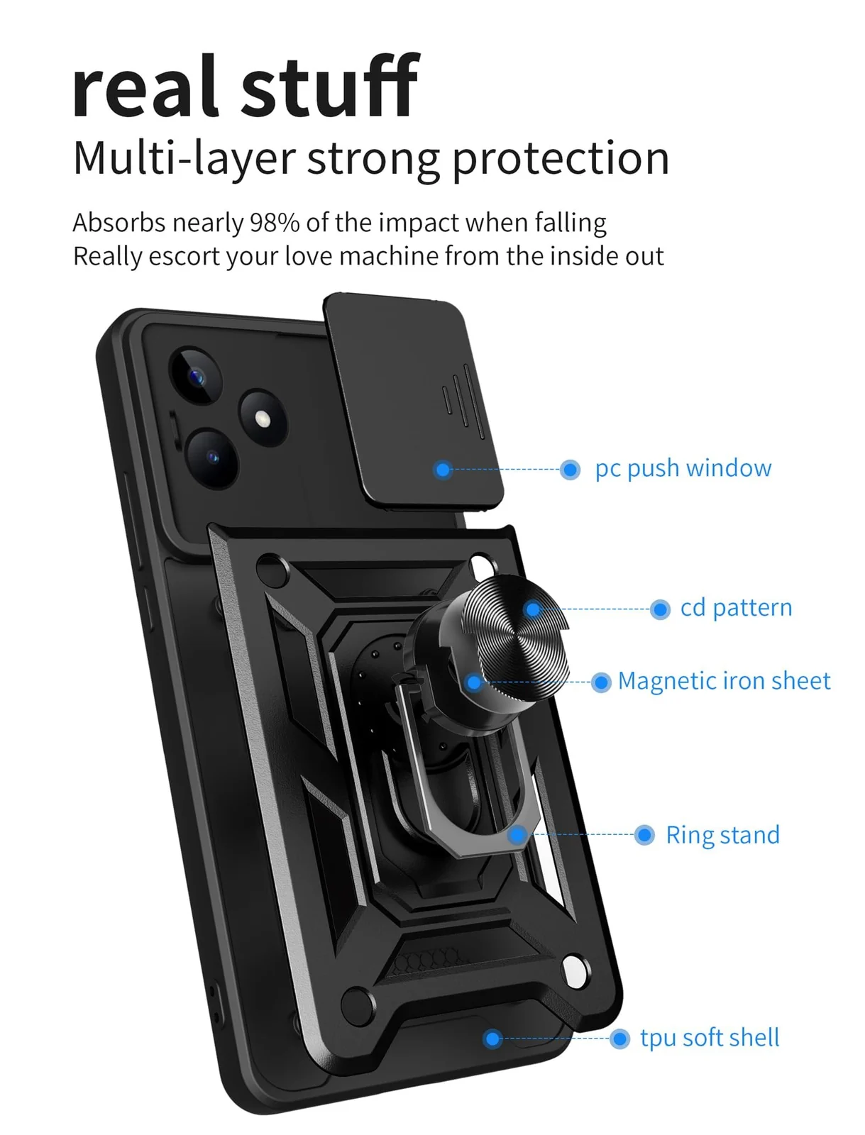 DL3 Mobilak Silicone Protective Case for realme C53 / Narzo N53 with Slide Camera, Built-in magnetic car-mount support, Shock-absorbing protection, Built-in kickstand - Black