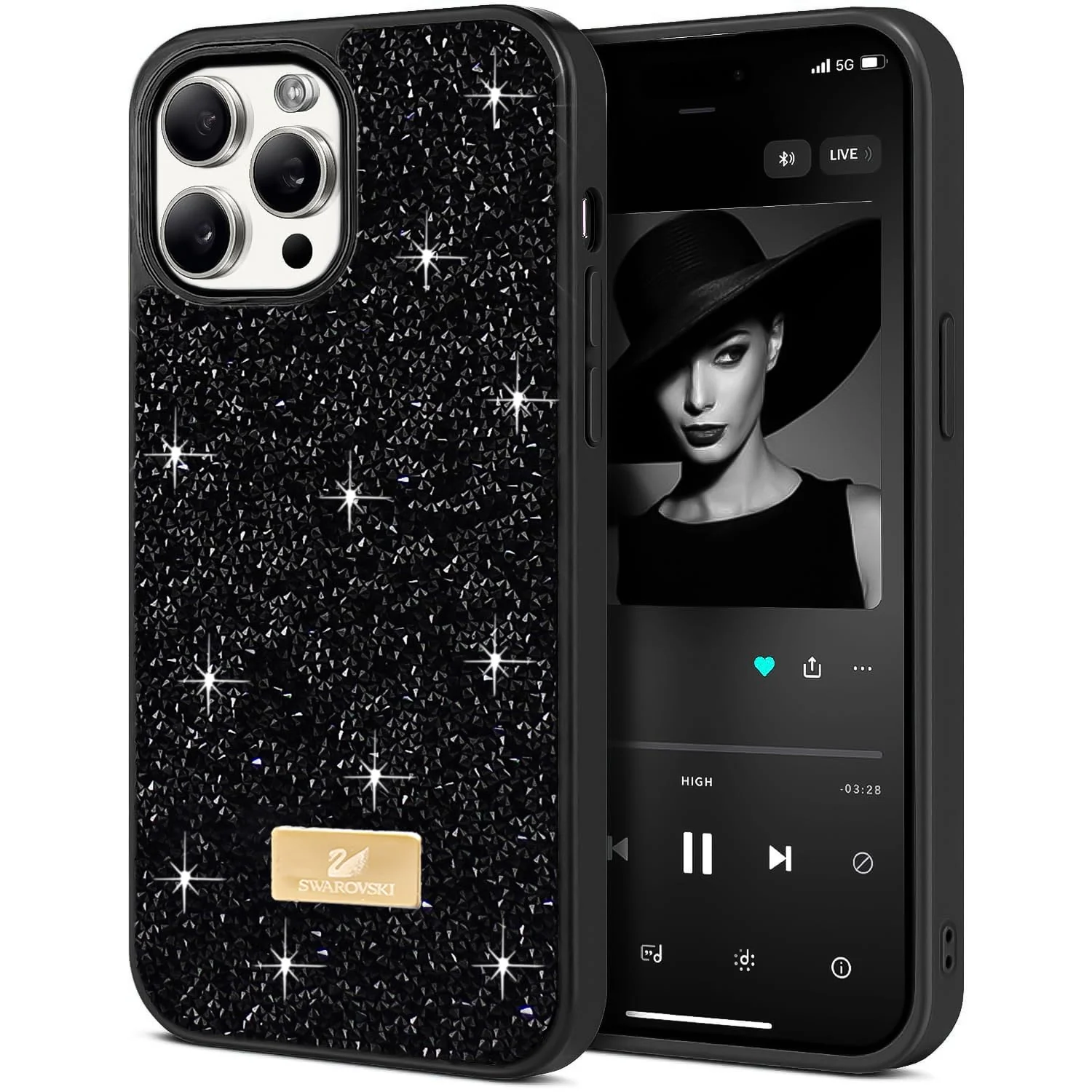 Case For iPhone 15 Pro Case Glitter, Sparkle Diamond Crystal Bling Case with Bling, Ultra Thin Lightweight Full Body Shockproof Anti-Scratch Protective Cover - Black