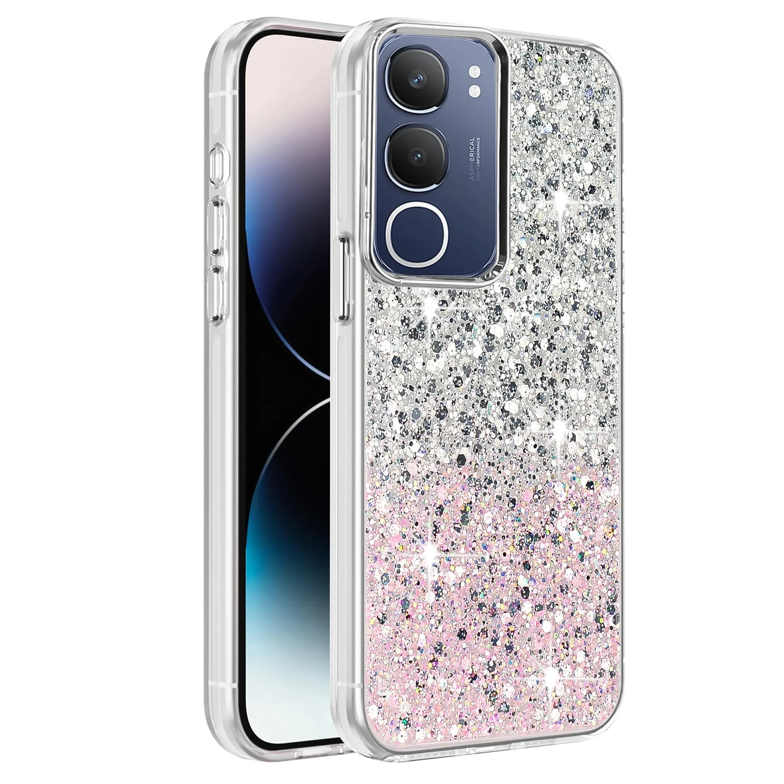 DL3 Mobilak Compatible with Vivo Y19S Case, Clear Glitter Bling Sparkly, Soft TPU Frame Bumper, Hard-Back Cover for Women & Girls, Transparent Protective Phone Case - White Pink