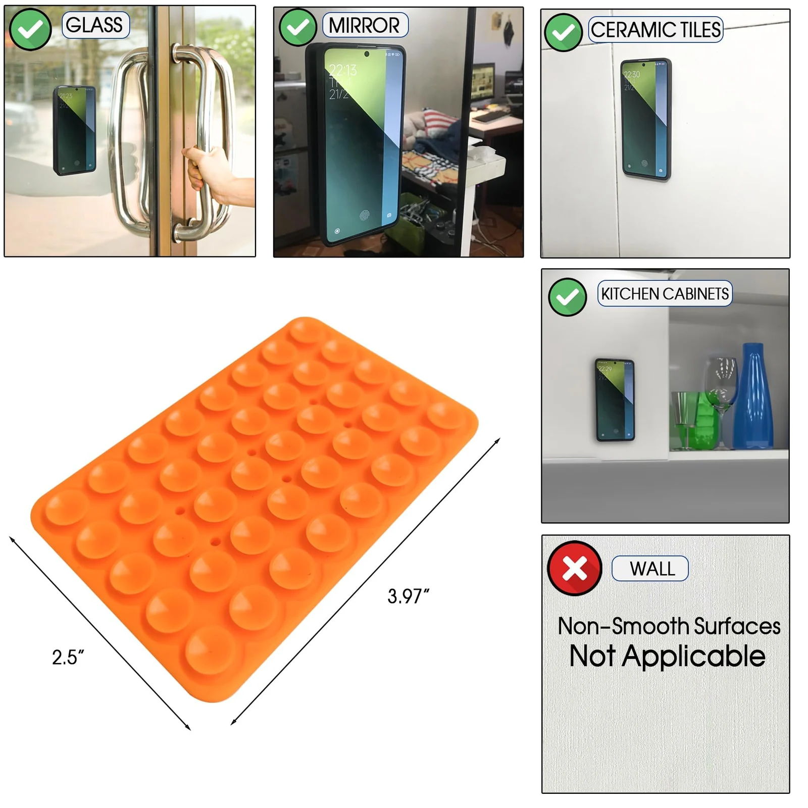 DL3 Mobilak Silicone Suction Cup Phone Mount for iPhone and Android, Double-sided suction design, Hands-free phone support, Strong suction grip - A.Orange