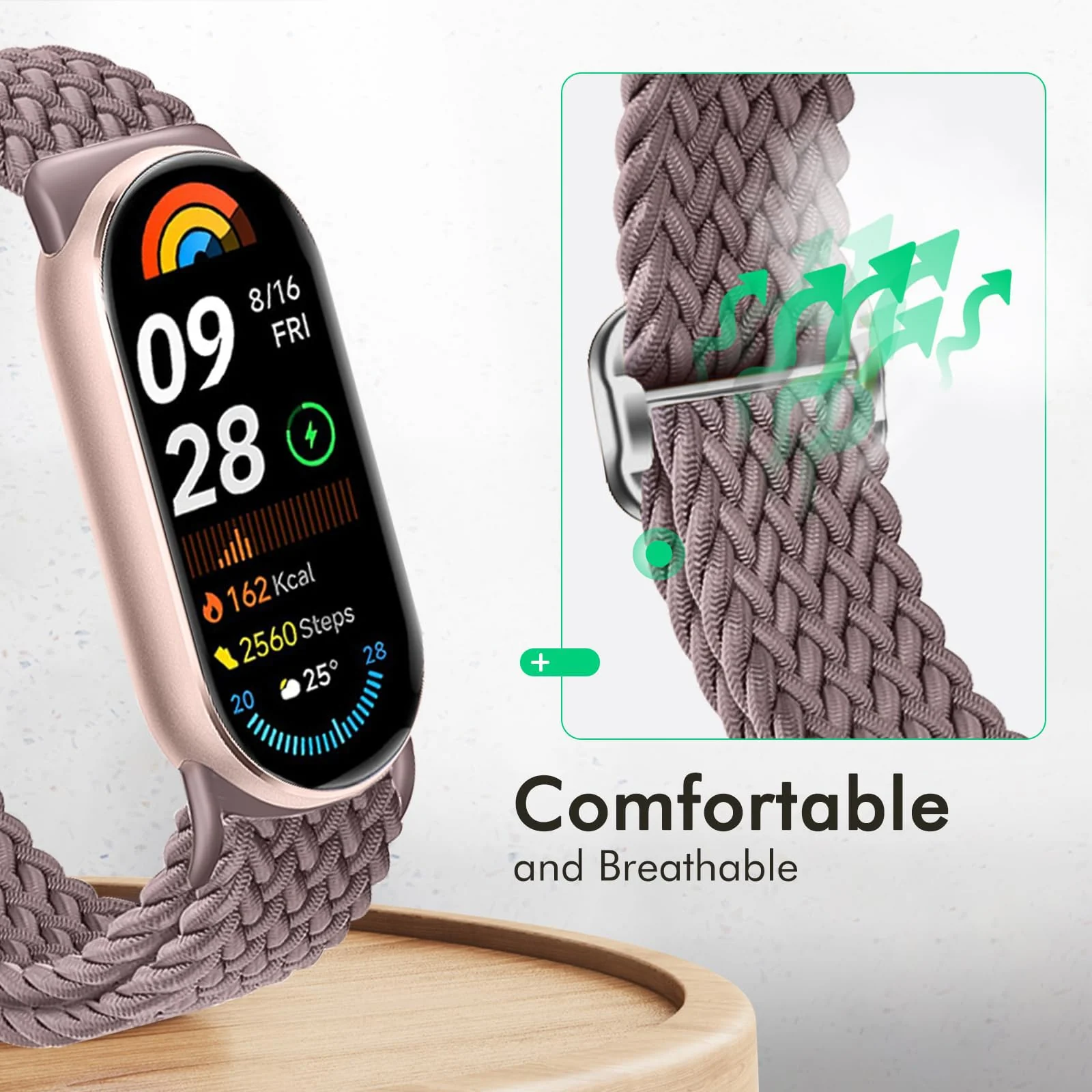 DL3 Mobilak Compatible with Xiaomi Mi Band 10/9/8 strap, Braided Solo Loop for Nylon Elastic Adjustable Replacement Wristband Compatible with Xiaomi Smart Band 8/9/10 - Smoke Violet