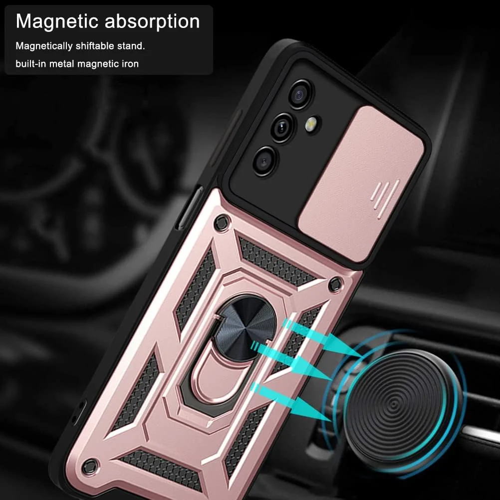 DL3 Mobilak Military-Grade Protective Case with Sliding Camera Cover, Metal Ring Kickstand and Magnetic Car-Mount Support for Samsung Galaxy A54 5G - Rose Gold