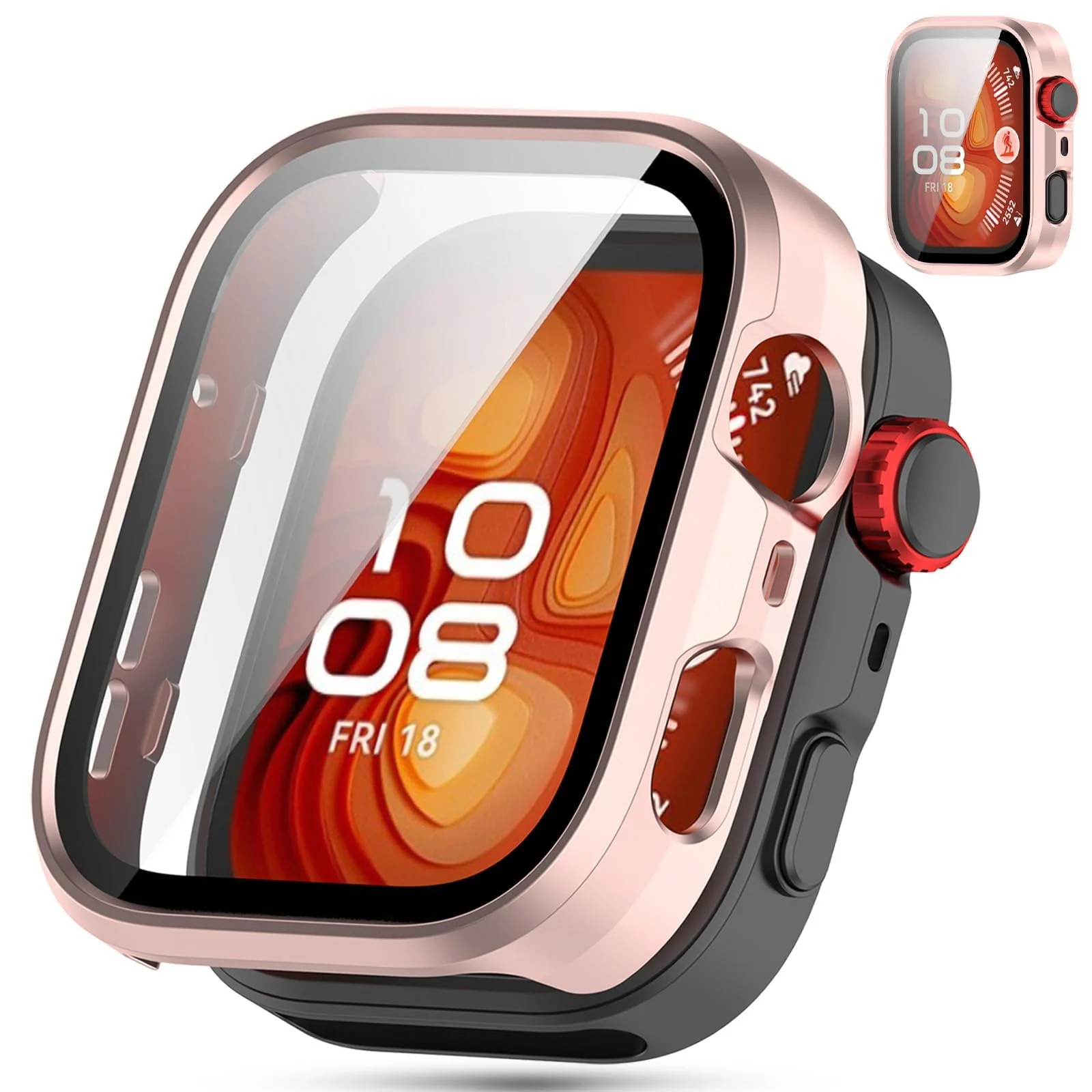 DL3 Mobilak Case Compatible with Huawei Watch Fit 4 Pro, Full Coverage Slim Hard Case Protective Bumper Built-in Tempered Glass Screen Protector Shell for Huawei Watch Fit 4 Pro - Rose Gold