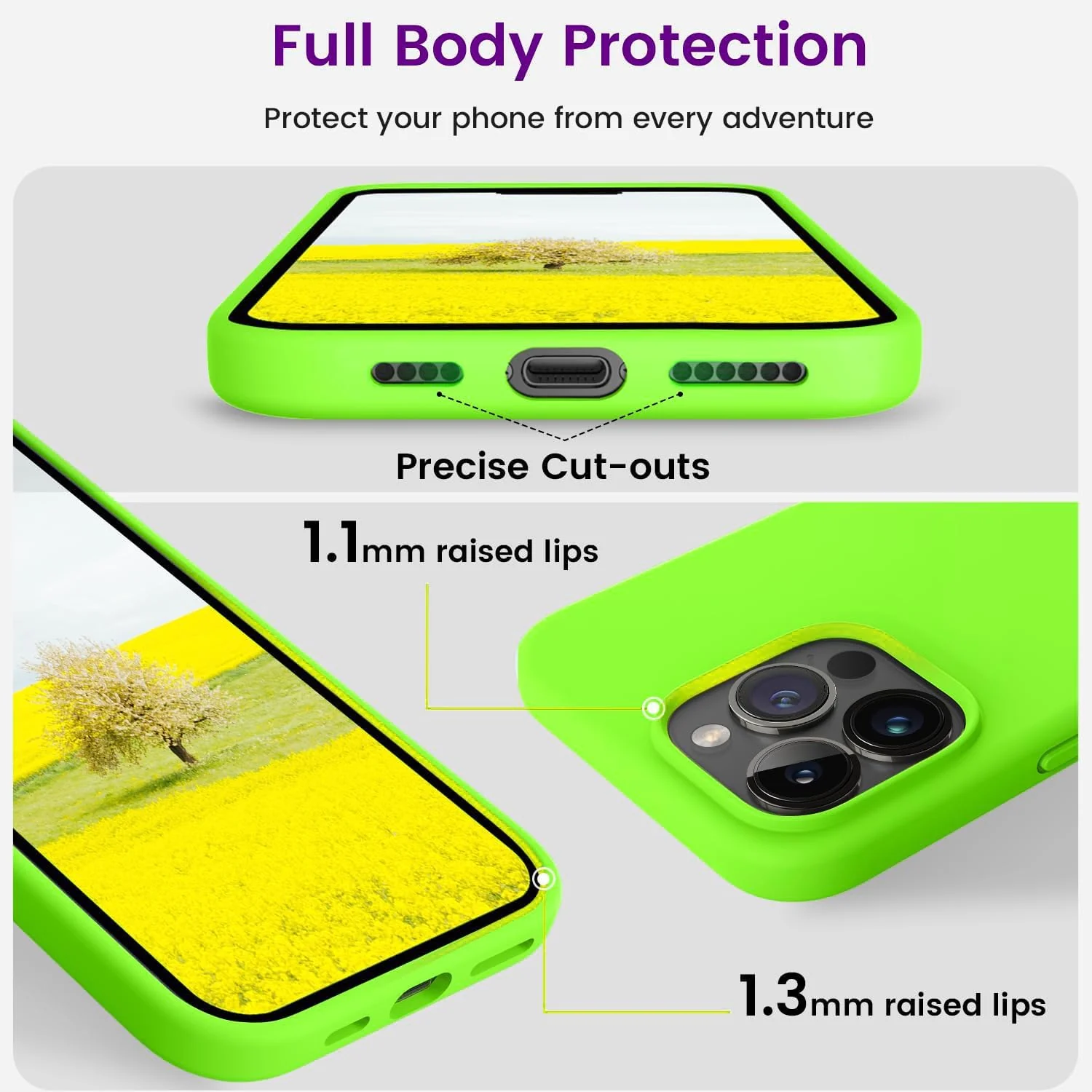 DL3 Mobilak Liquid Silicone Case for iPhone 14 Pro (6.1 Inch), Shock-absorbing protection, Scratch-resistant surface, Soft microfiber lining - Neon Green