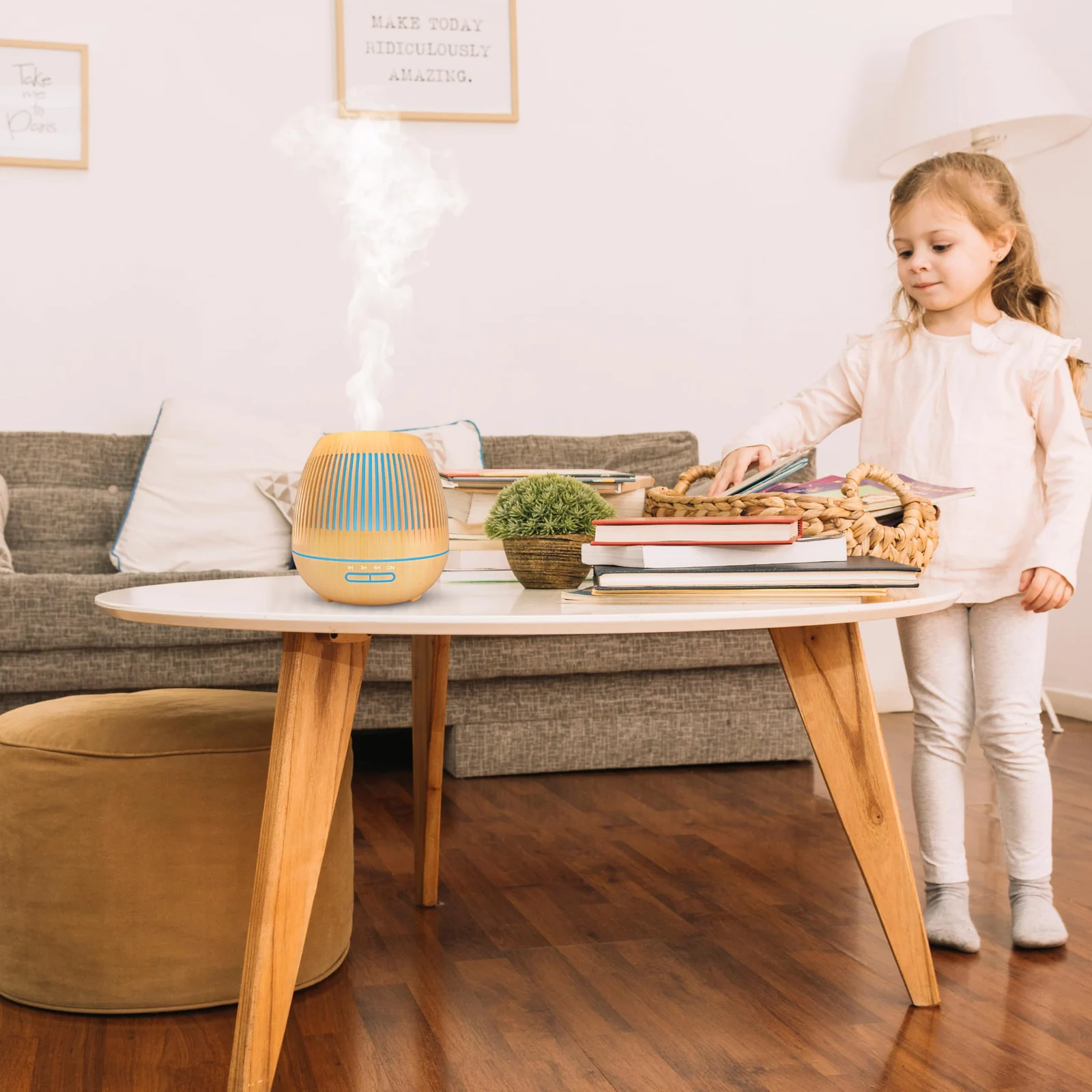 Mobigon Essential Oil Diffuser, Aromatherapy Diffuser 500ml with Remote Control, 4 Timer & Auto-Off Safety Switch, 7 Color LED Lights Mode, 10 Hours Quiet Humidifier for Bedroom - D.Light Woody