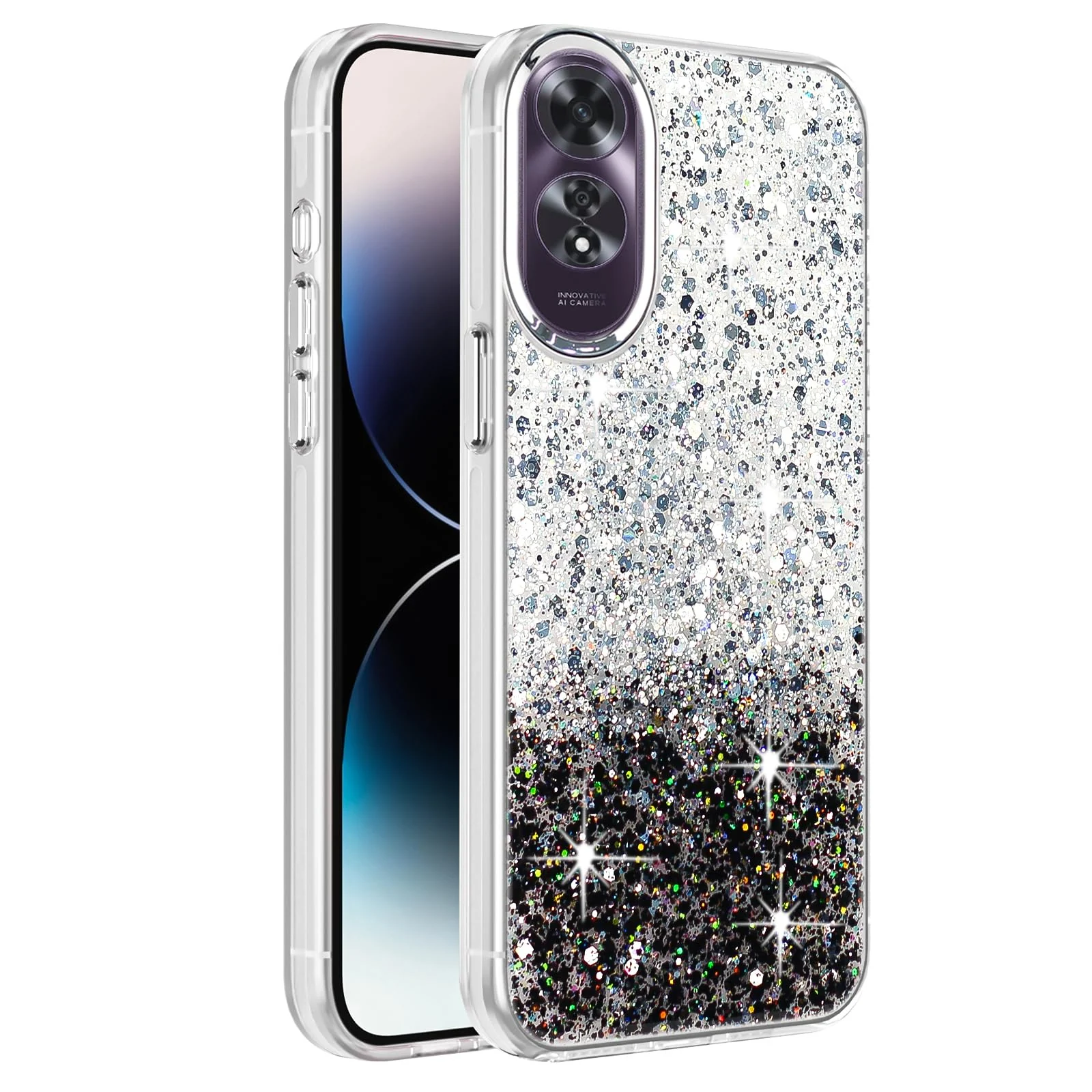 DL3 Mobilak Glitter Protective Case for OPPO A60 4G, Supports wireless charging, Camera protection, Shock-absorbing protection - White Black