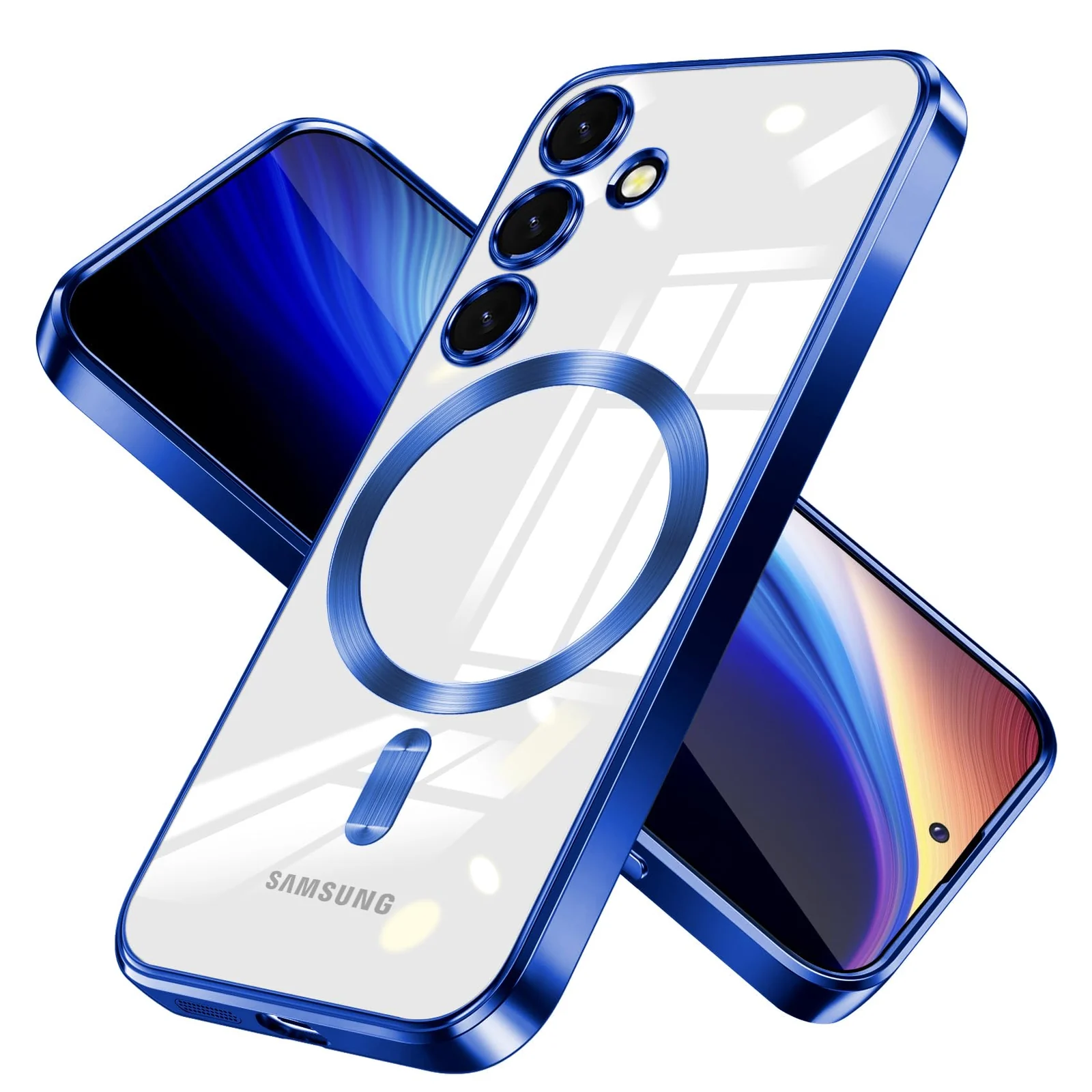 Dl3 Mobilak For Samsung Galaxy S24+ Plus Magnetic Clear Case, Compatible with MagSafe, Built-in Camera Lens Protector, Luxury Plating Soft TPU Shockproof Slim Thin Cover 6.7 inch (Blue)