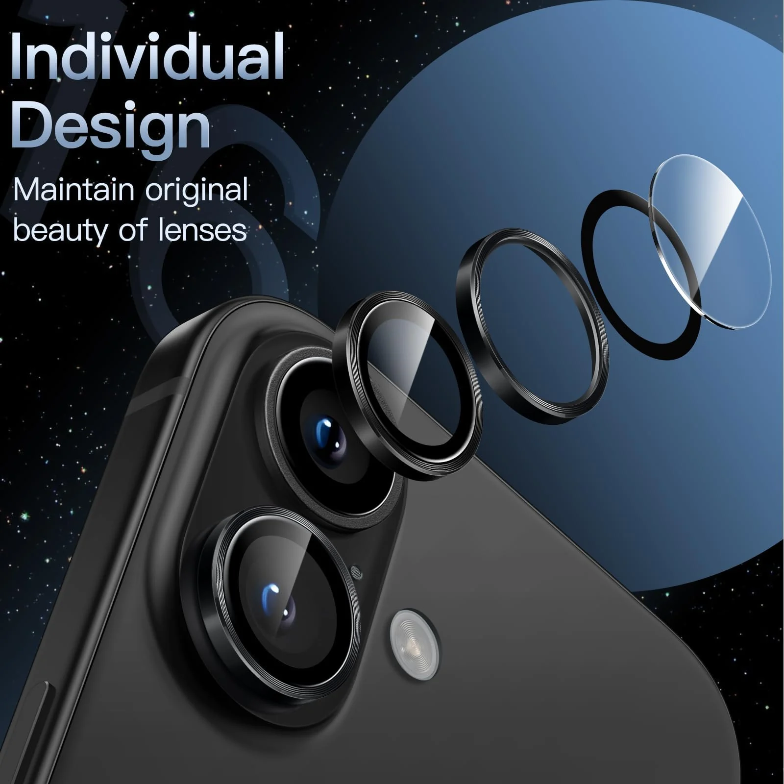 DL3 Mobilak Camera Lens Protector For iPhone 16/iPhone 16+ Plus, [Keep Original Shooting] Tempered Glass Screen Protector Metal Individual Camera Cover, Case Friendly - Black