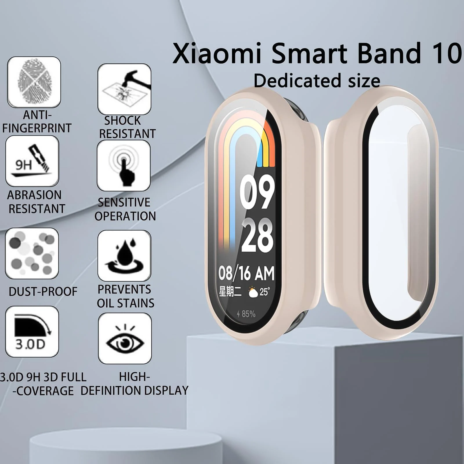 DL3 Mobilak Case Compatible with Xiaomi Mi Band 10, Full Coverage Slim Hard Case Protective Bumper Built-in Tempered Glass Screen Protector Shell for Xiaomi Smart Band 10 - Ivory White