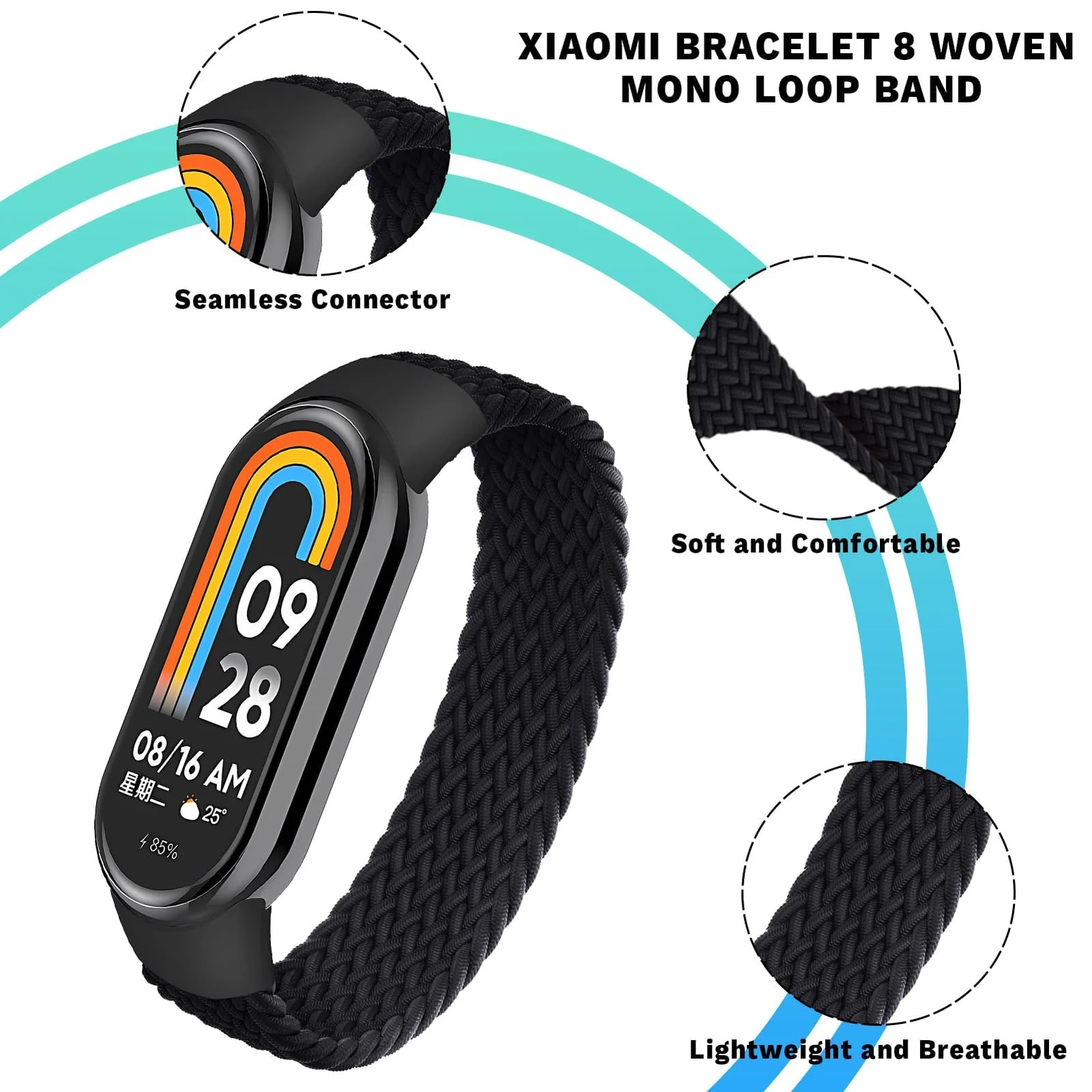 DL3 Mobilak Braided Solo Loop Band for Xiaomi Mi Band 9/Xiaomi Mi Band 8 Strap Women Men, Soft Elastic Nylon Replacement Wristband for Xiaomi Smart Band 9/8 Strap - Black
