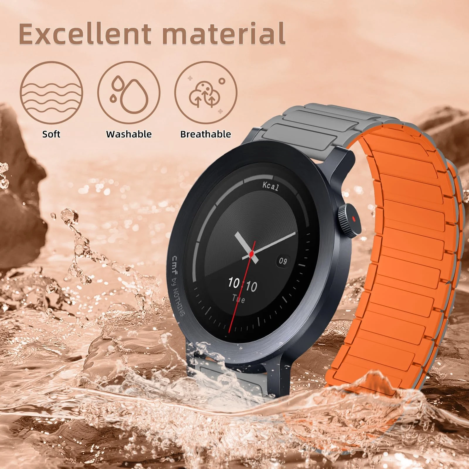 DL3 Mobilak 18mm Silicone Magnetic Strap for Huawei Watch GT 6 41mm/Watch5 42mm/GT 5 Pro 42 mm/GT 5 41mm/GT4 41 mm, Magnetic Replacement Band for Garmin Venu 3S/Fossil Women's Gen 6 - Gray Orange