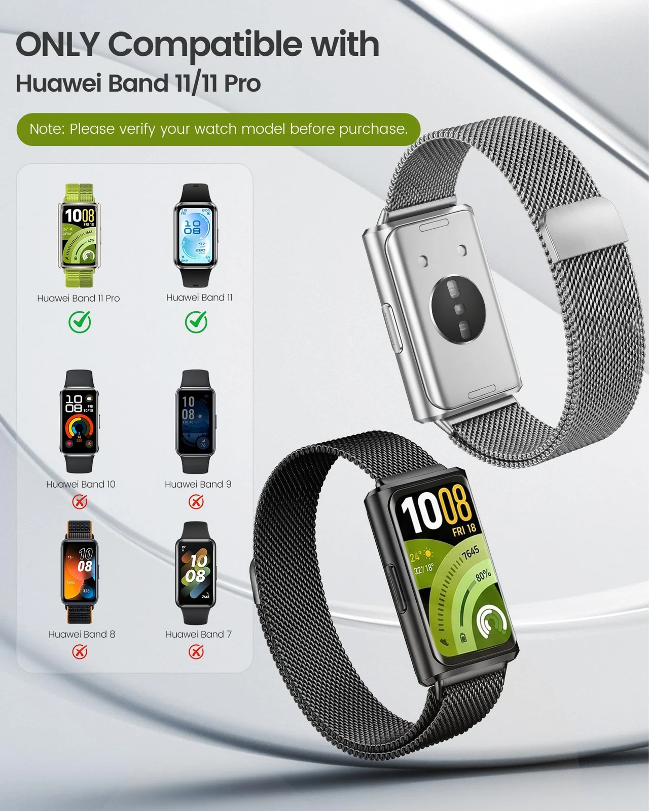 MOBIGON Magnetic Stainless Steel Watch Strap for Huawei Band 11 / 11 Pro, Black