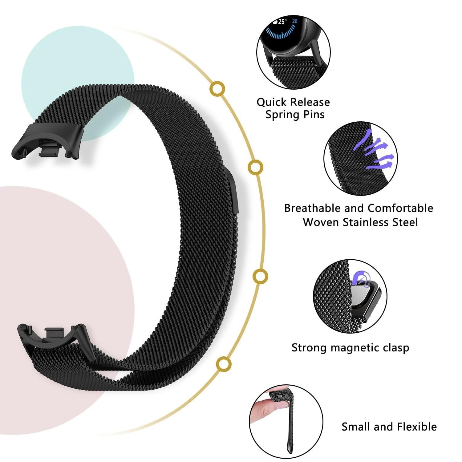 DL3 Mobilak Bracelet Compatible with Xiaomi Mi Band 10/9/8, Stainless Steel Replacement Straps, Mesh Metal Watch Strap, Magnetic Adjustable Replacement Strap For Xiaomi Smart Band 8/9/10 - Black